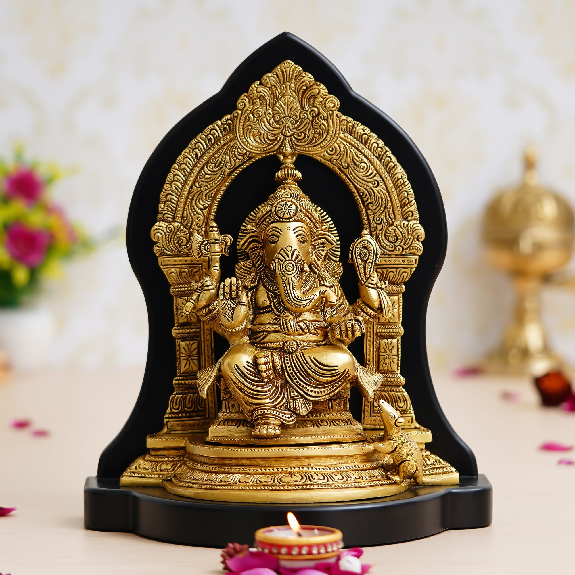 Golden Brass Handcrafted Lord Ganesha Statue on Wooden Base 1