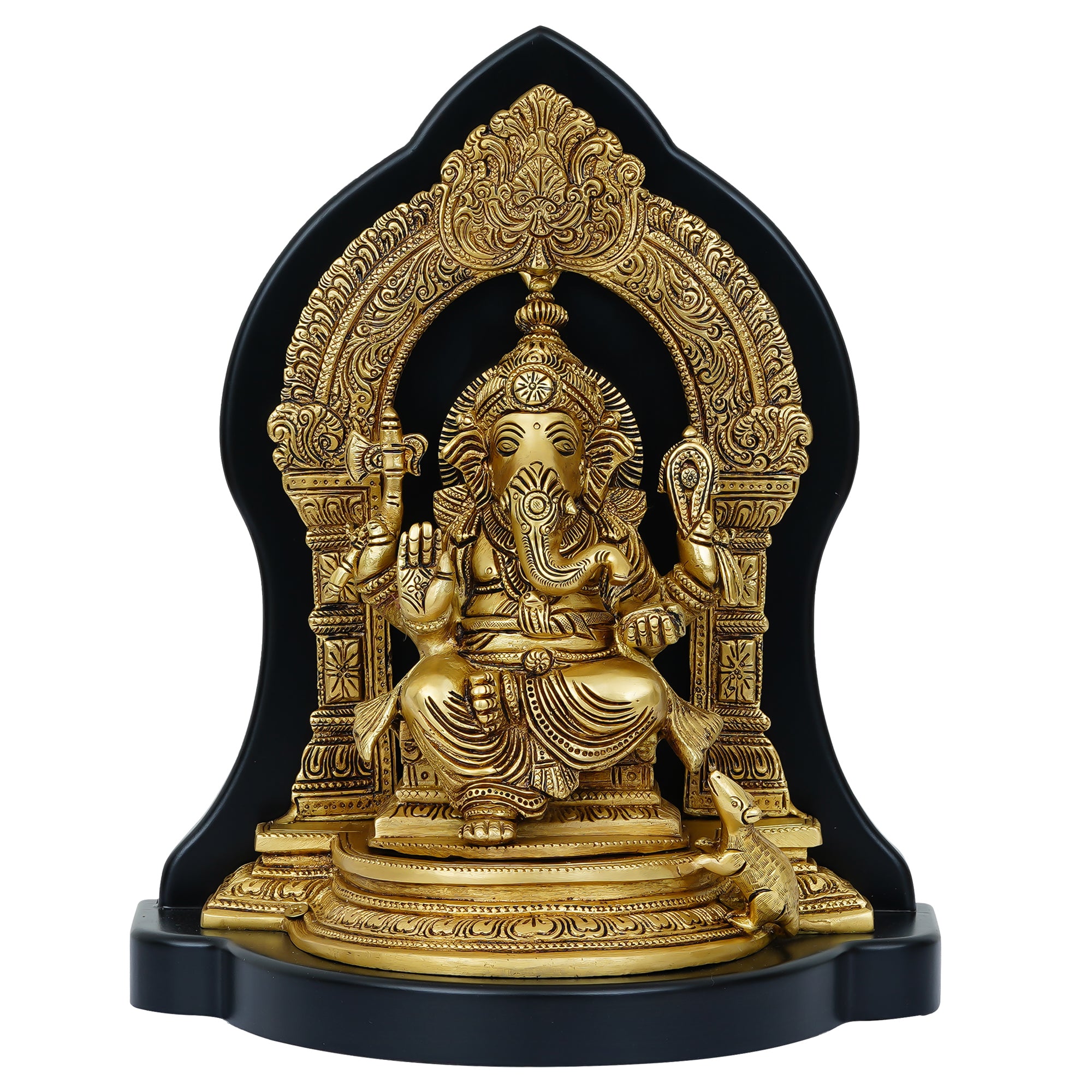 Golden Brass Handcrafted Lord Ganesha Statue on Wooden Base 2