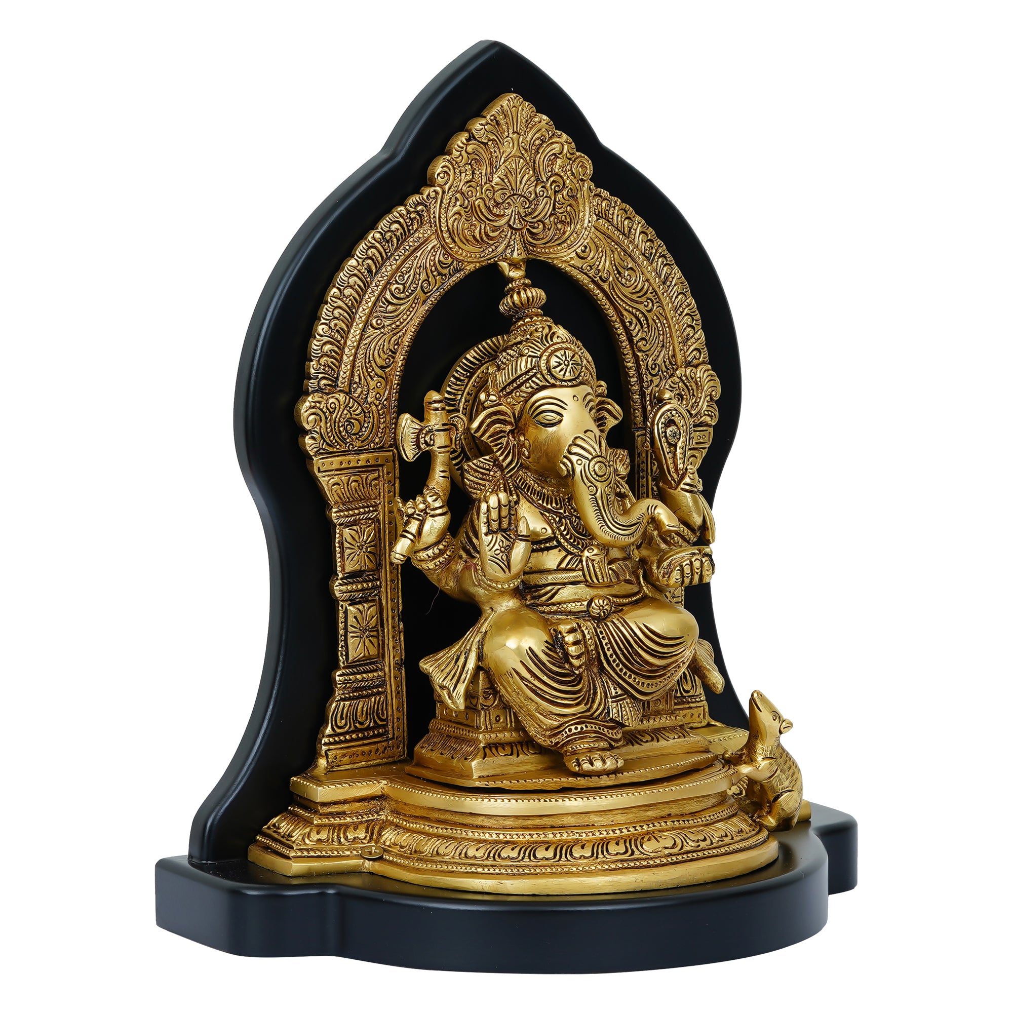 Golden Brass Handcrafted Lord Ganesha Statue on Wooden Base 4