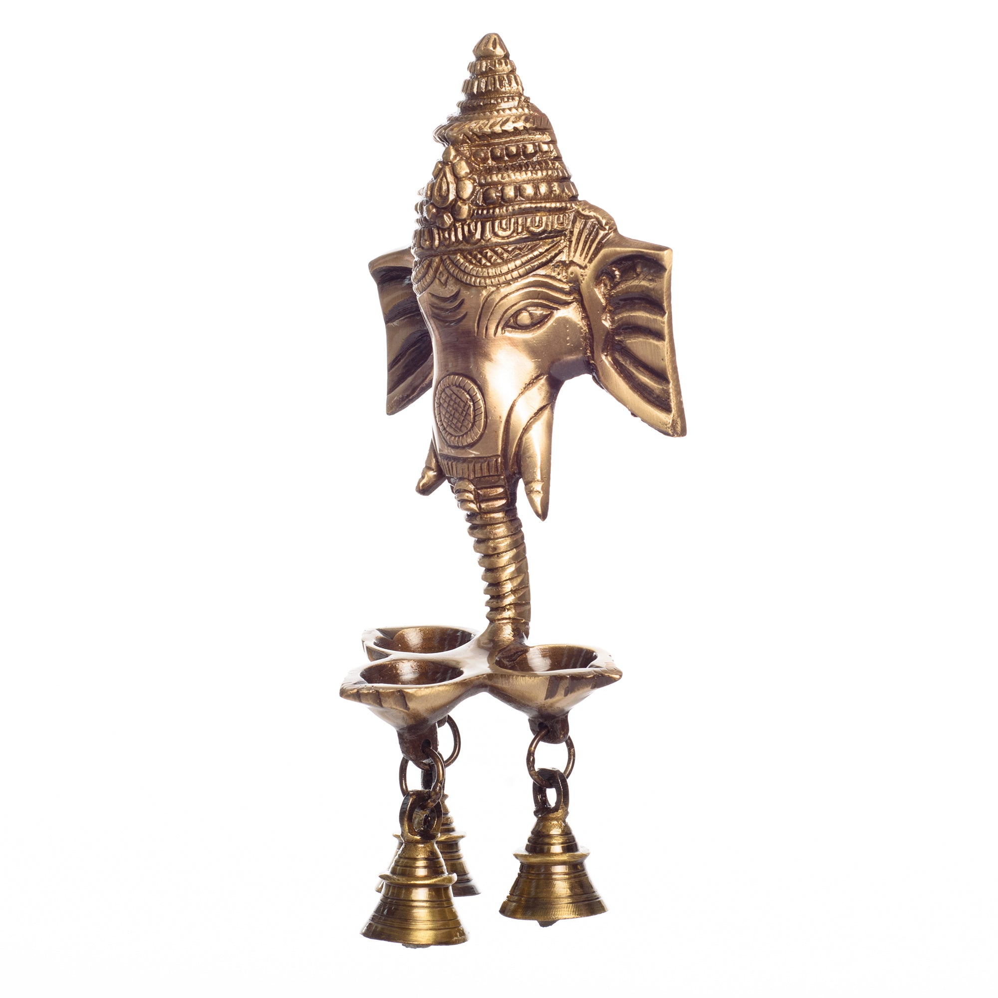 Golden Brass Ganesha Wall Hanging Diya with with Three Wicks and Bells 4