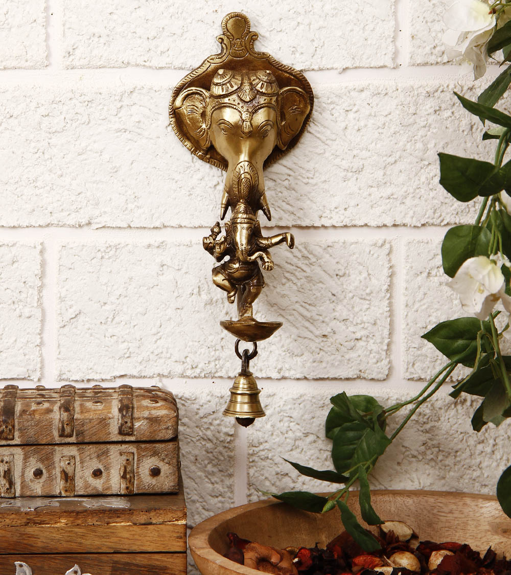 Golden Brass Ganesha wall hanging Diya with bell and Dancing Ganesha Idol