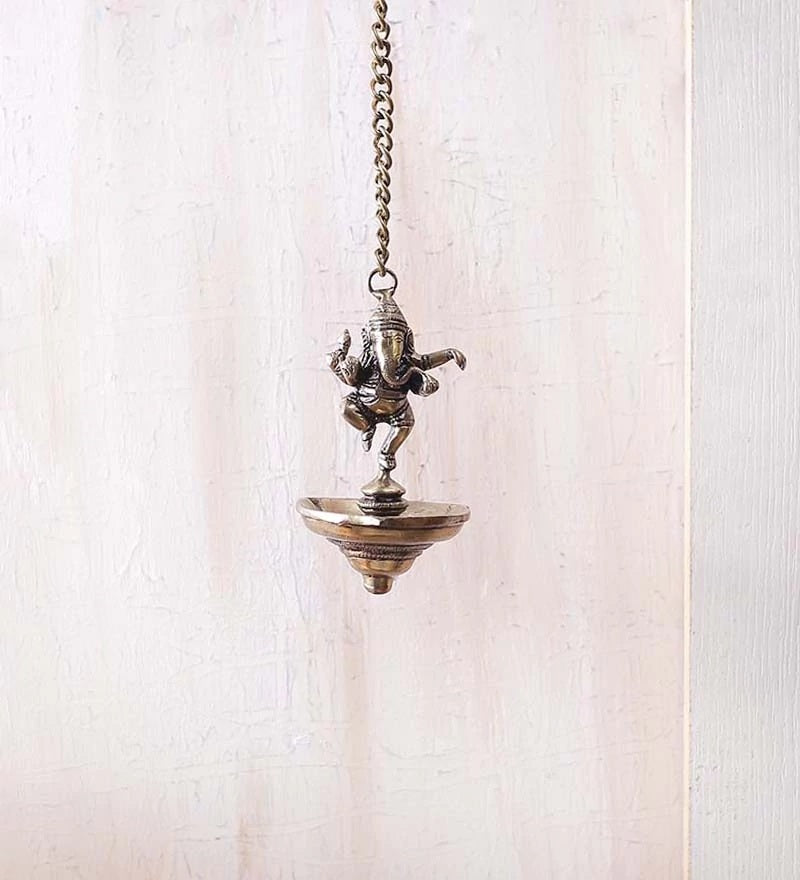 Brass Dancing Ganesha Idol Hanging Diya for 3 Oil Wicks 5