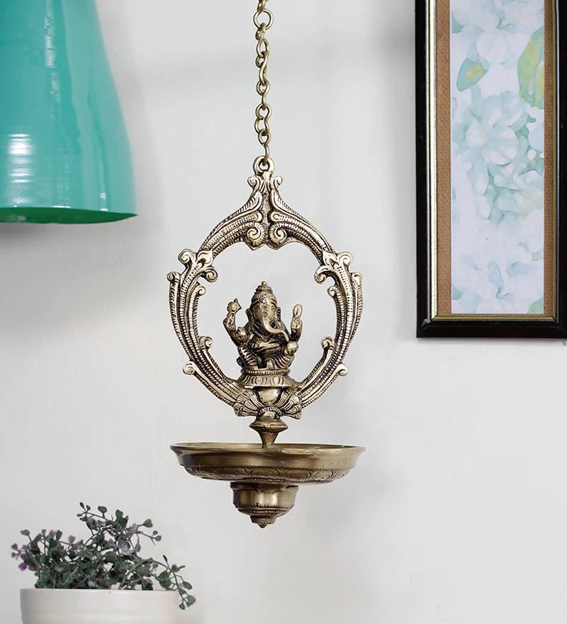 Golden Brass Lord Ganesha Idol Hanging Diya