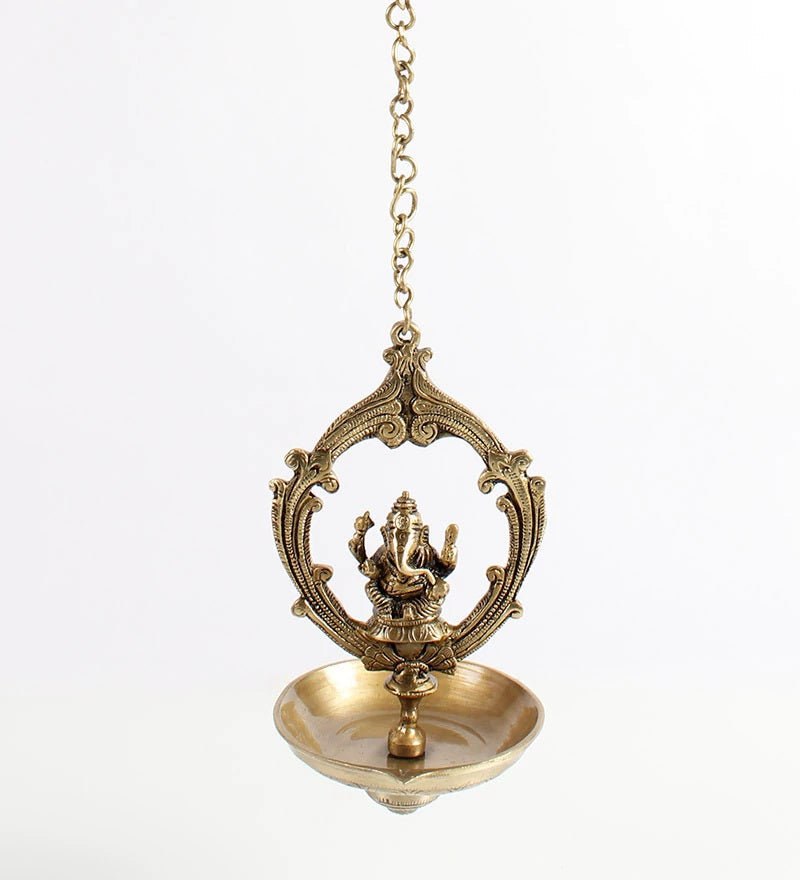Golden Brass Lord Ganesha Idol Hanging Diya 1