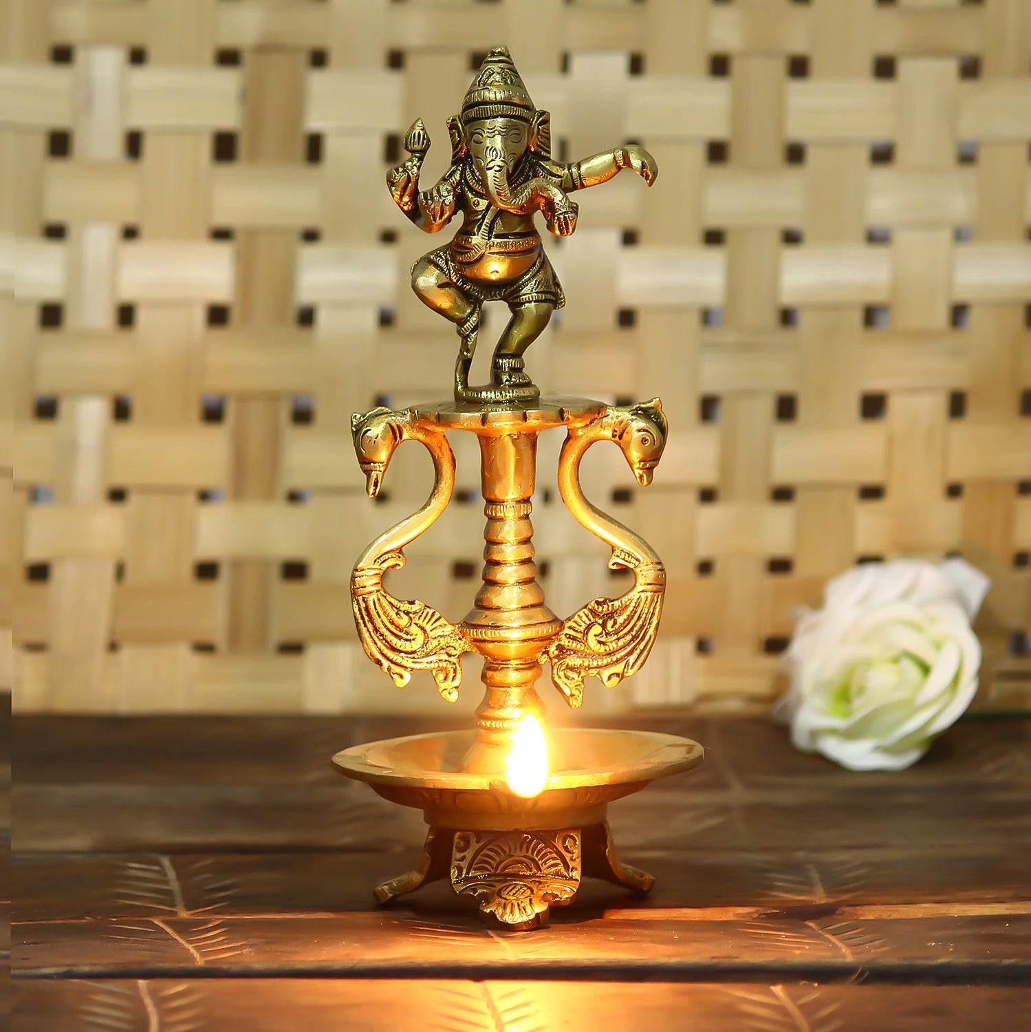 Golden Brass Diya with Lord Ganesha Idol and Peacock Design Stand