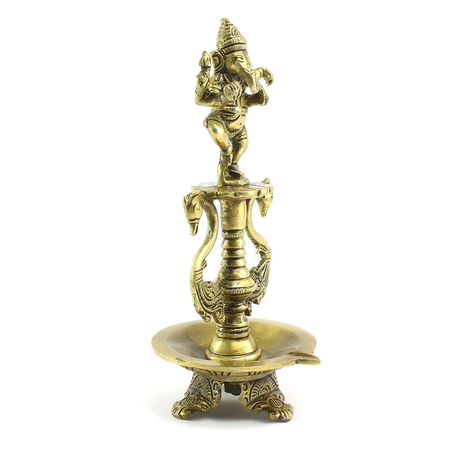 Golden Brass Diya with Lord Ganesha Idol and Peacock Design Stand 3