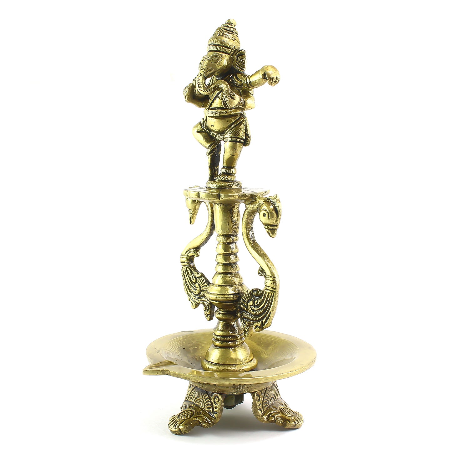 Golden Brass Diya with Lord Ganesha Idol and Peacock Design Stand 4