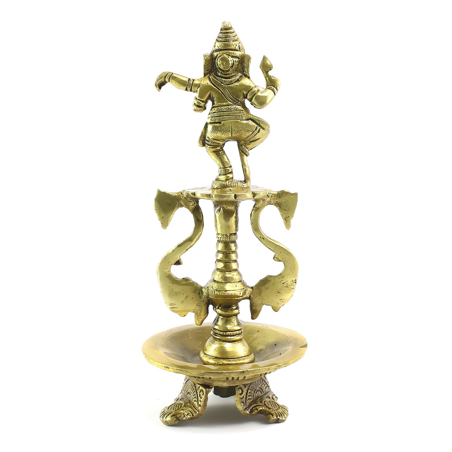 Golden Brass Diya with Lord Ganesha Idol and Peacock Design Stand 5