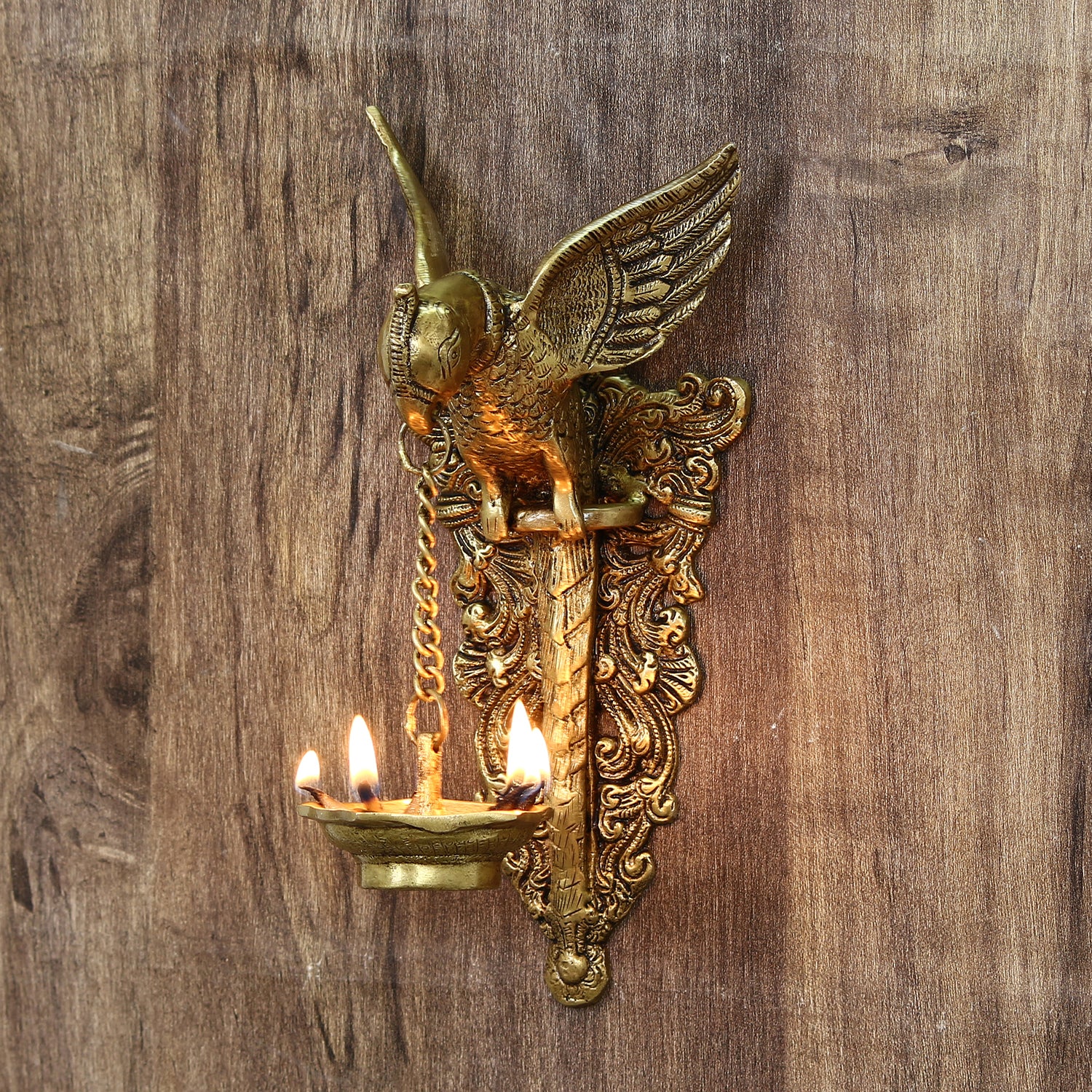 Golden Decorative Handcrafted Parrot Holding Brass wall Hanging Diya for 5 wicks