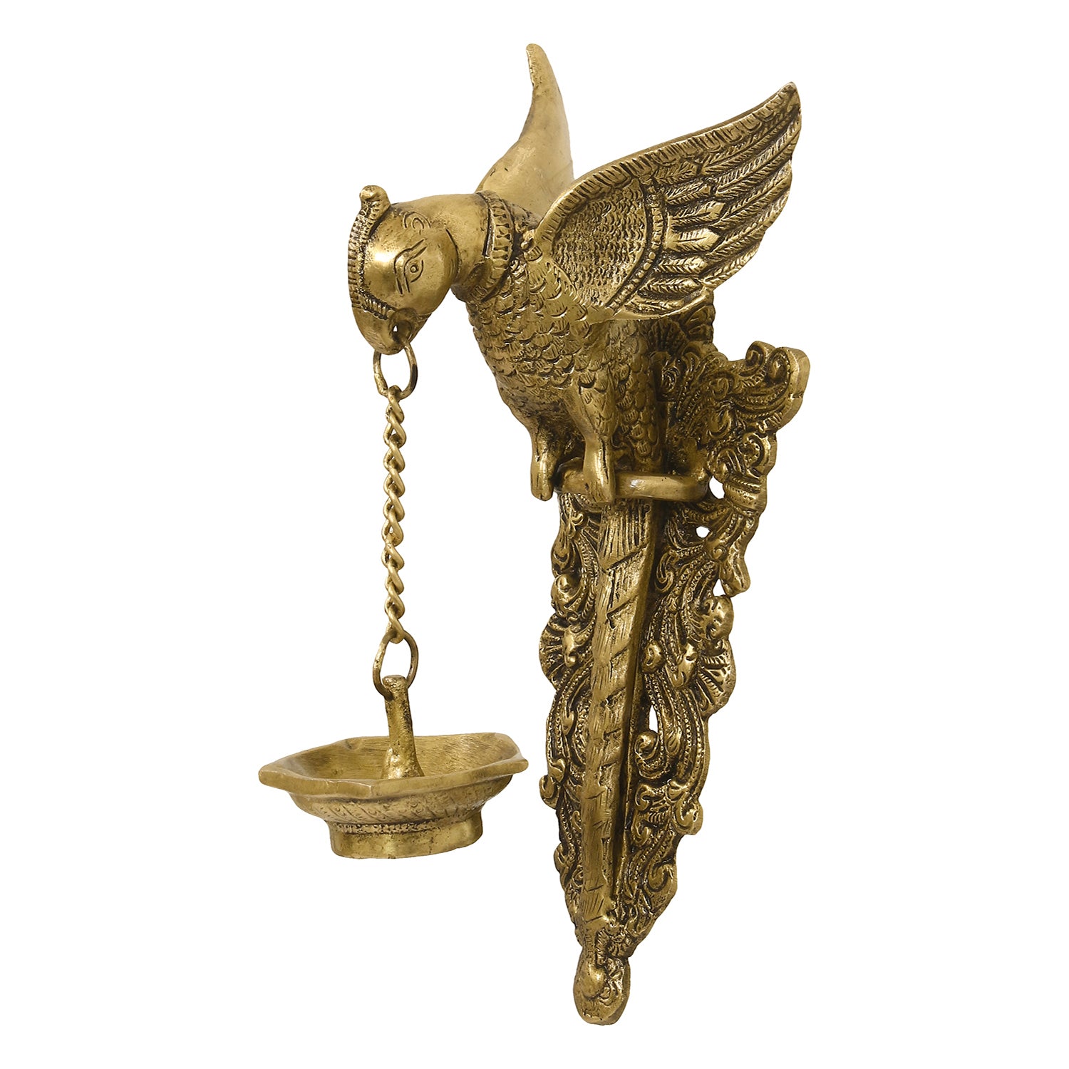 Golden Decorative Handcrafted Parrot Holding Brass wall Hanging Diya for 5 wicks 4