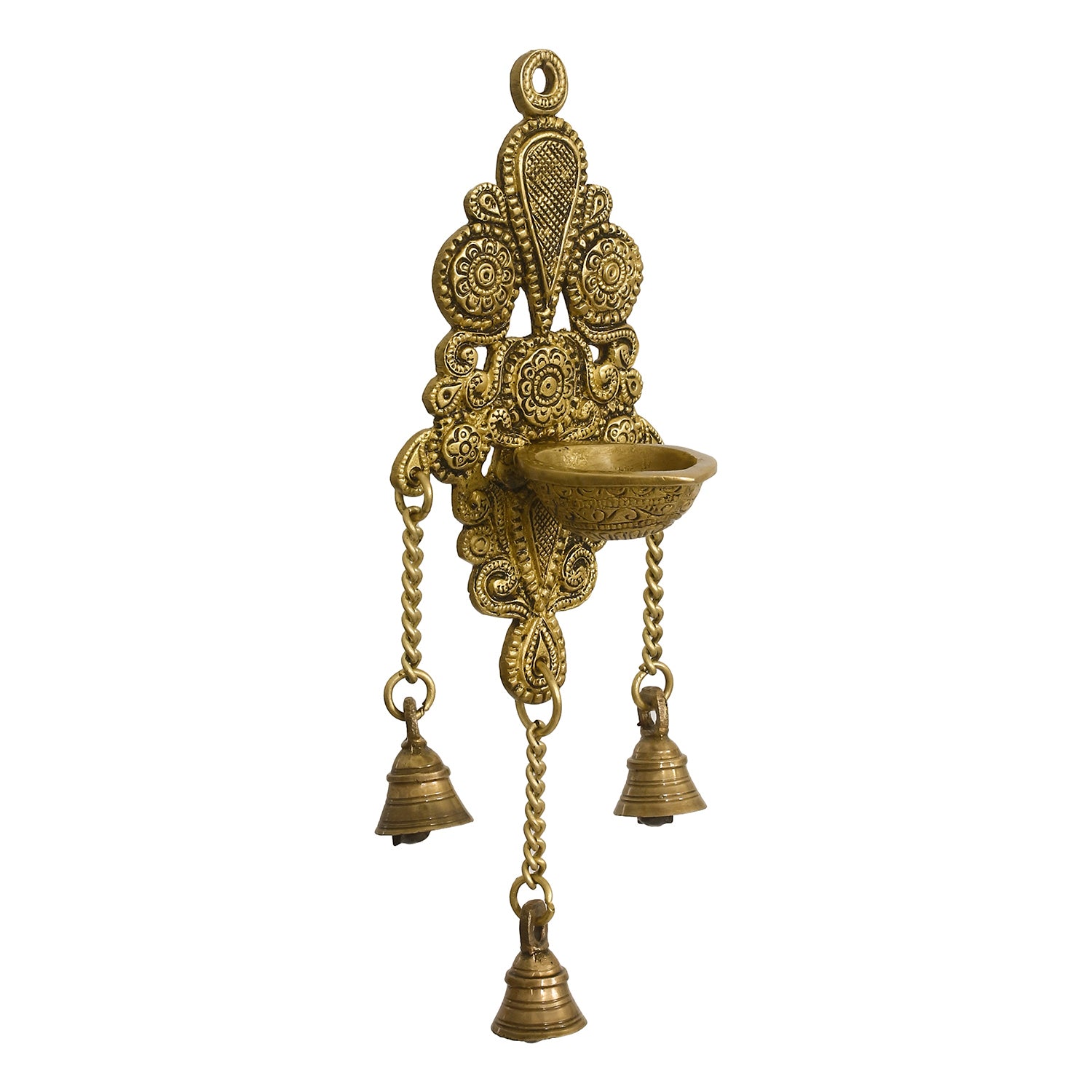Golden Antique Finish Decorative Handcrafted Brass Wall Hanging Diya with Bells 2