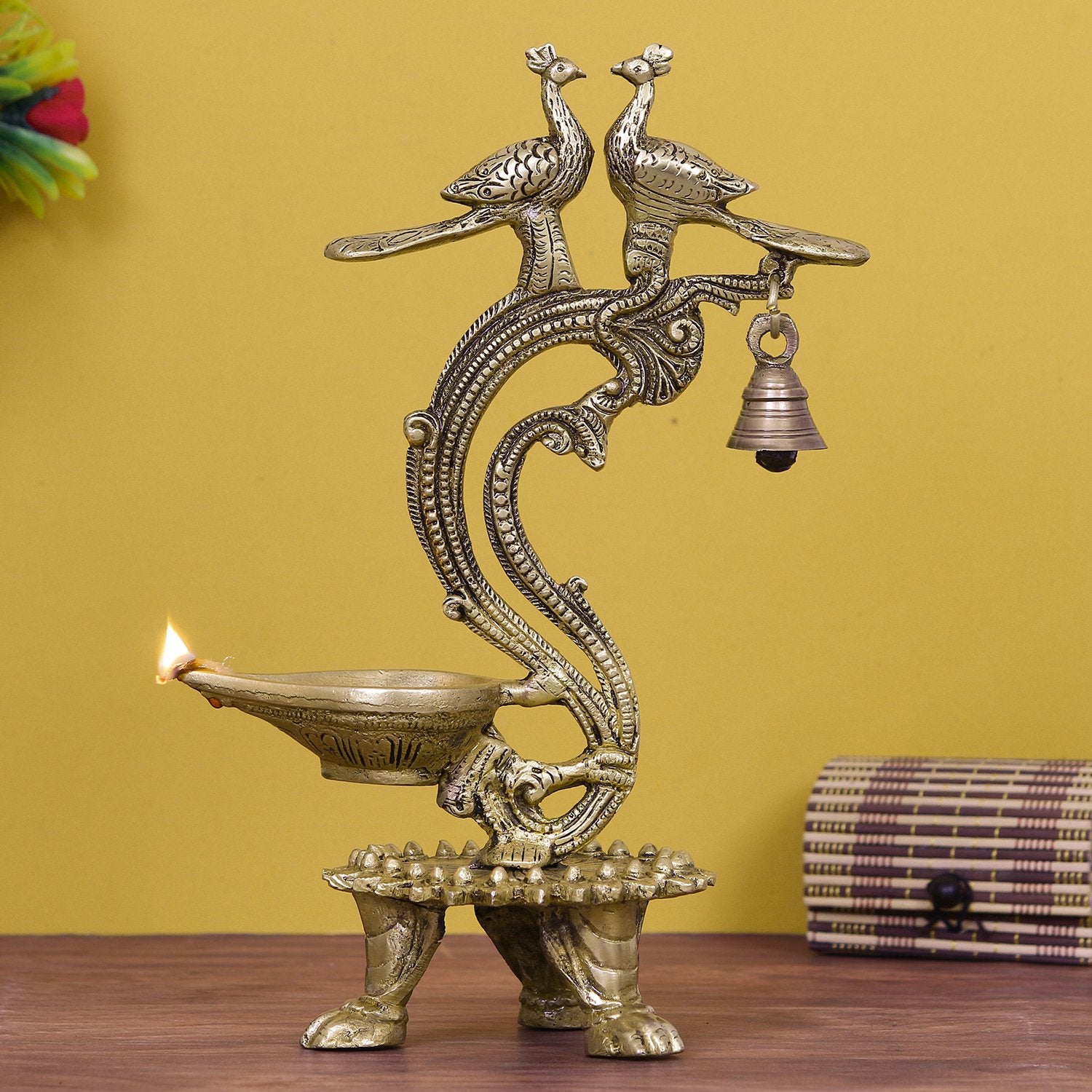 Golden Antique Finish Decorative Handcrafted Peacock Couple Brass Diya with bell Stand
