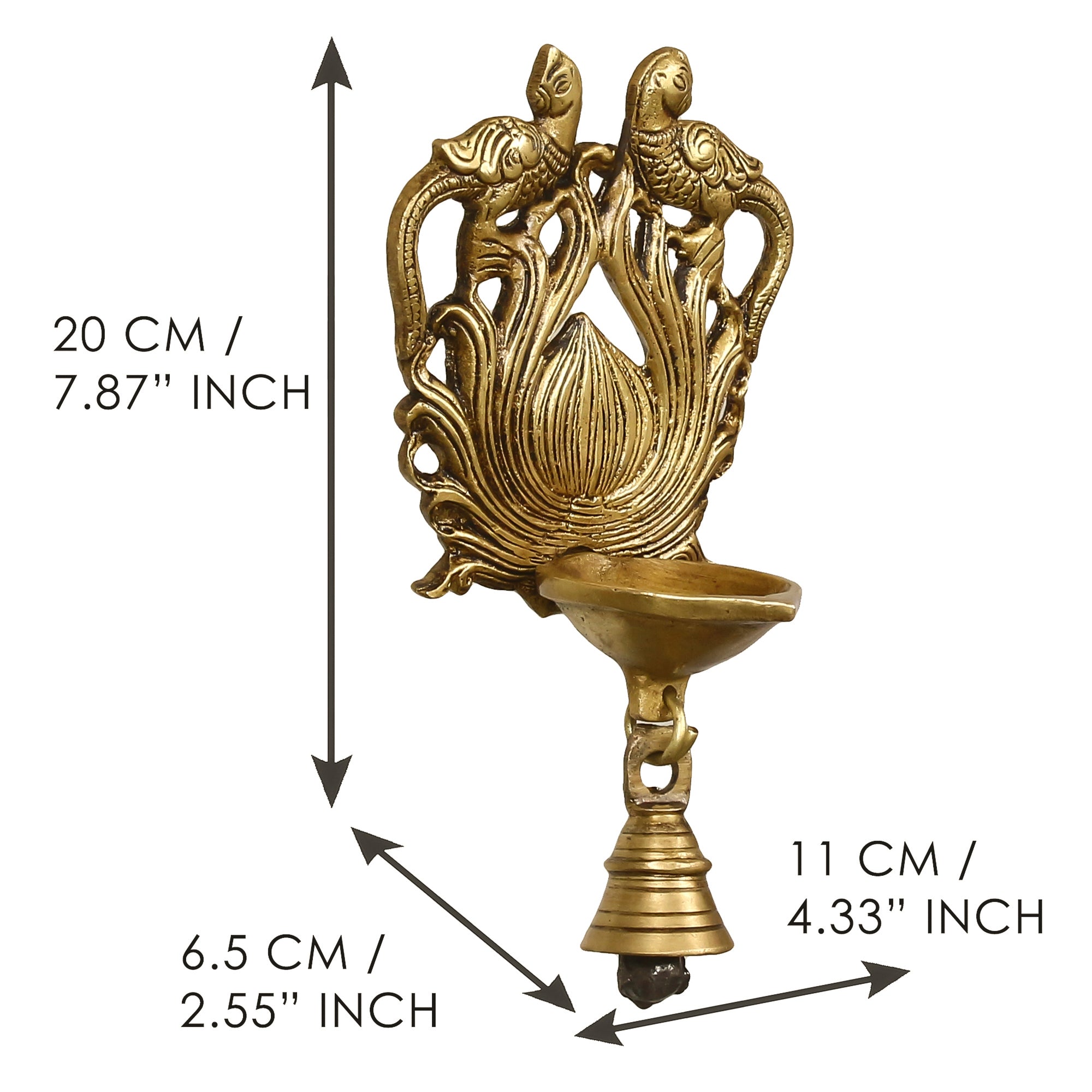 Golden Antique Finish Decorative Peacock Bird Design Handcrafted Brass Wall Hanging Diya with Bells 3