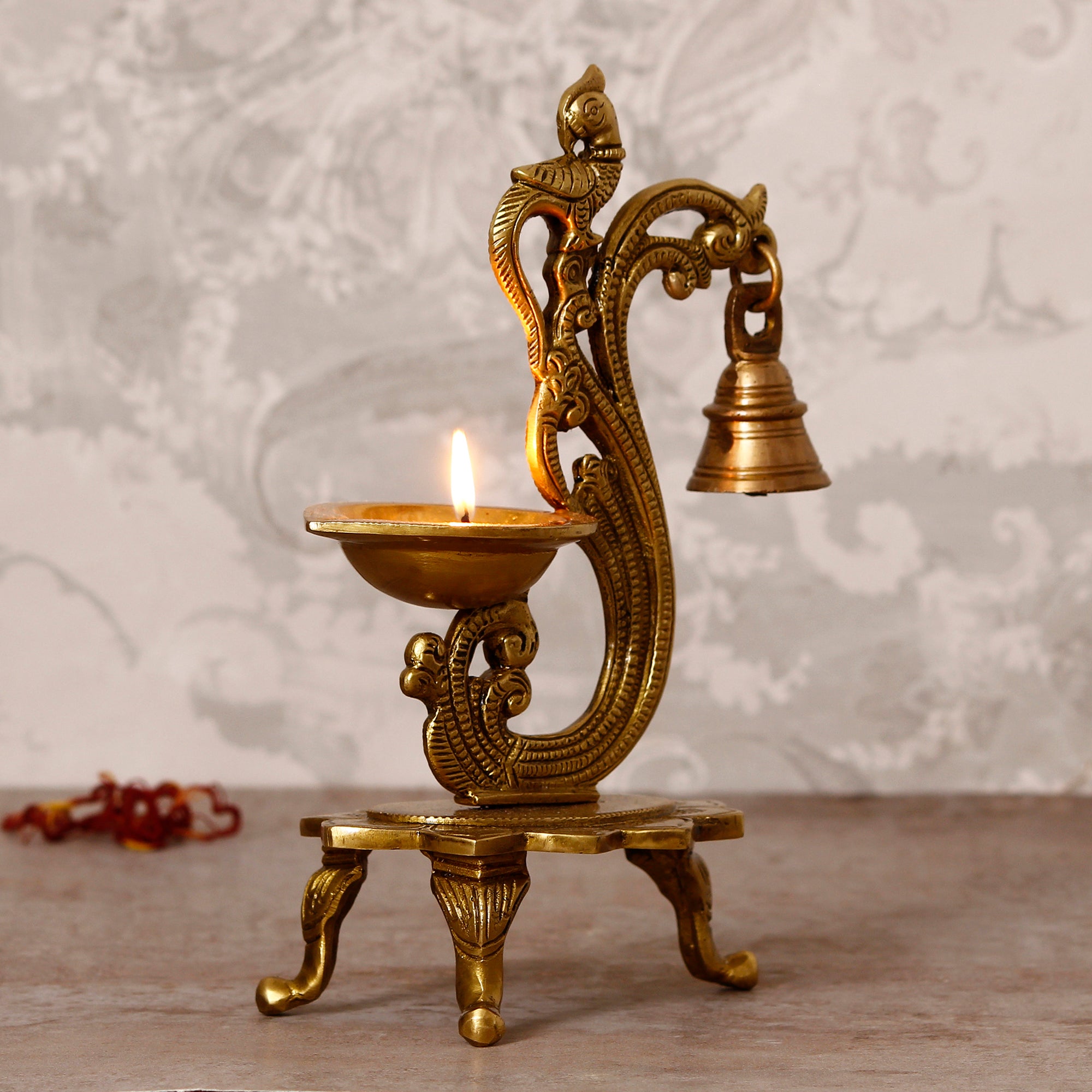 Golden Antique Finish Decorative Handcrafted Parrot Showpiece Brass Diya with Bells and Stand