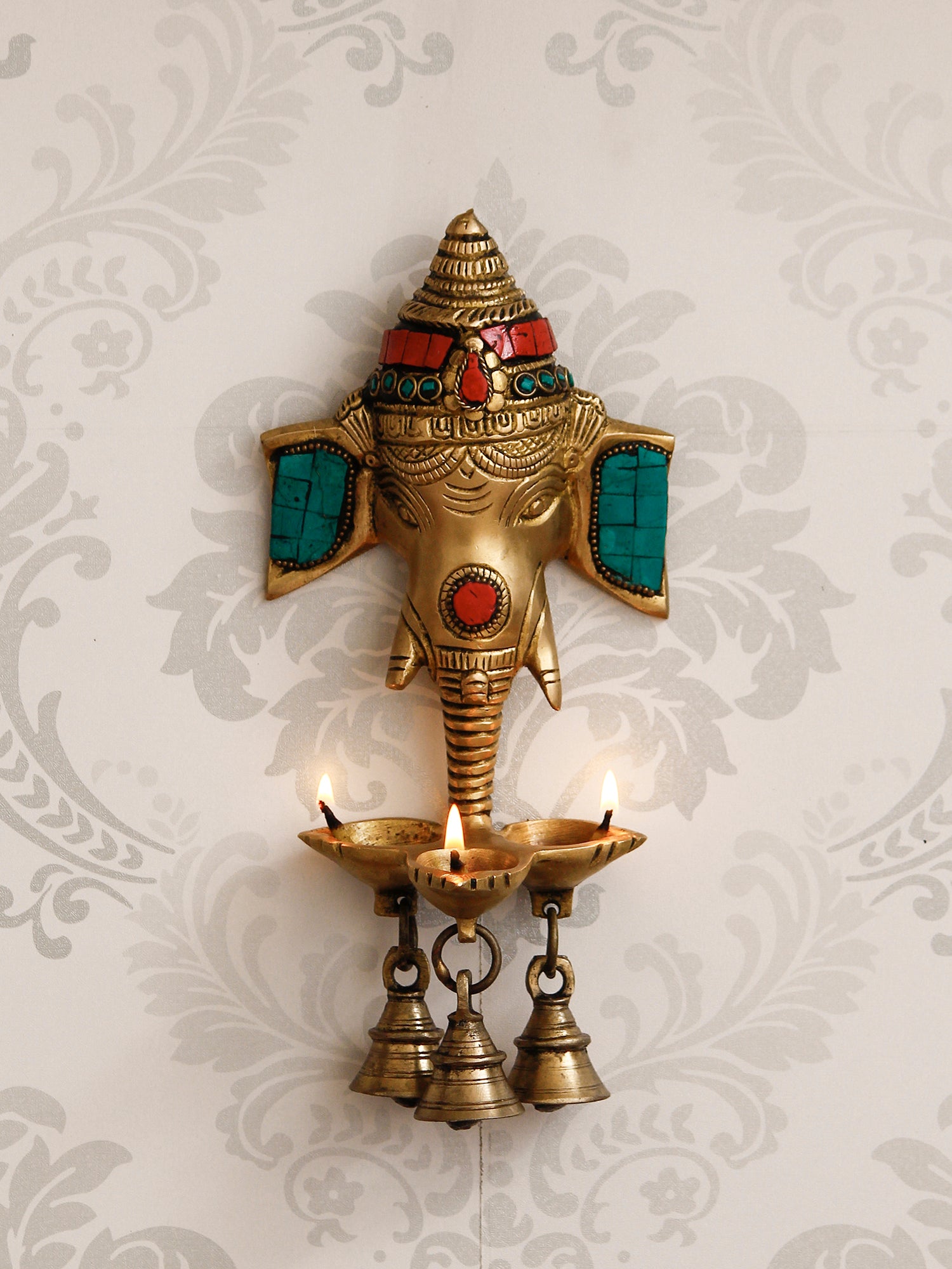 Colorful Stone Work Handcrafted Golden Lord Ganesha Wall Hanging Brass Diya for 3 Wicks with 3 Bells