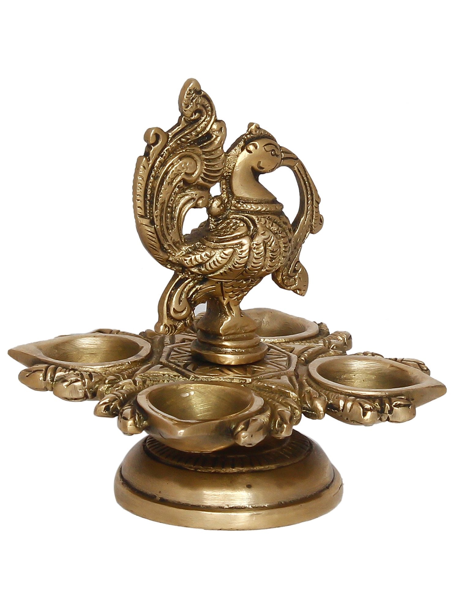 Golden Brass Decorative Handcrafted Peacock Showpiece with Diya for 4 Wicks 4