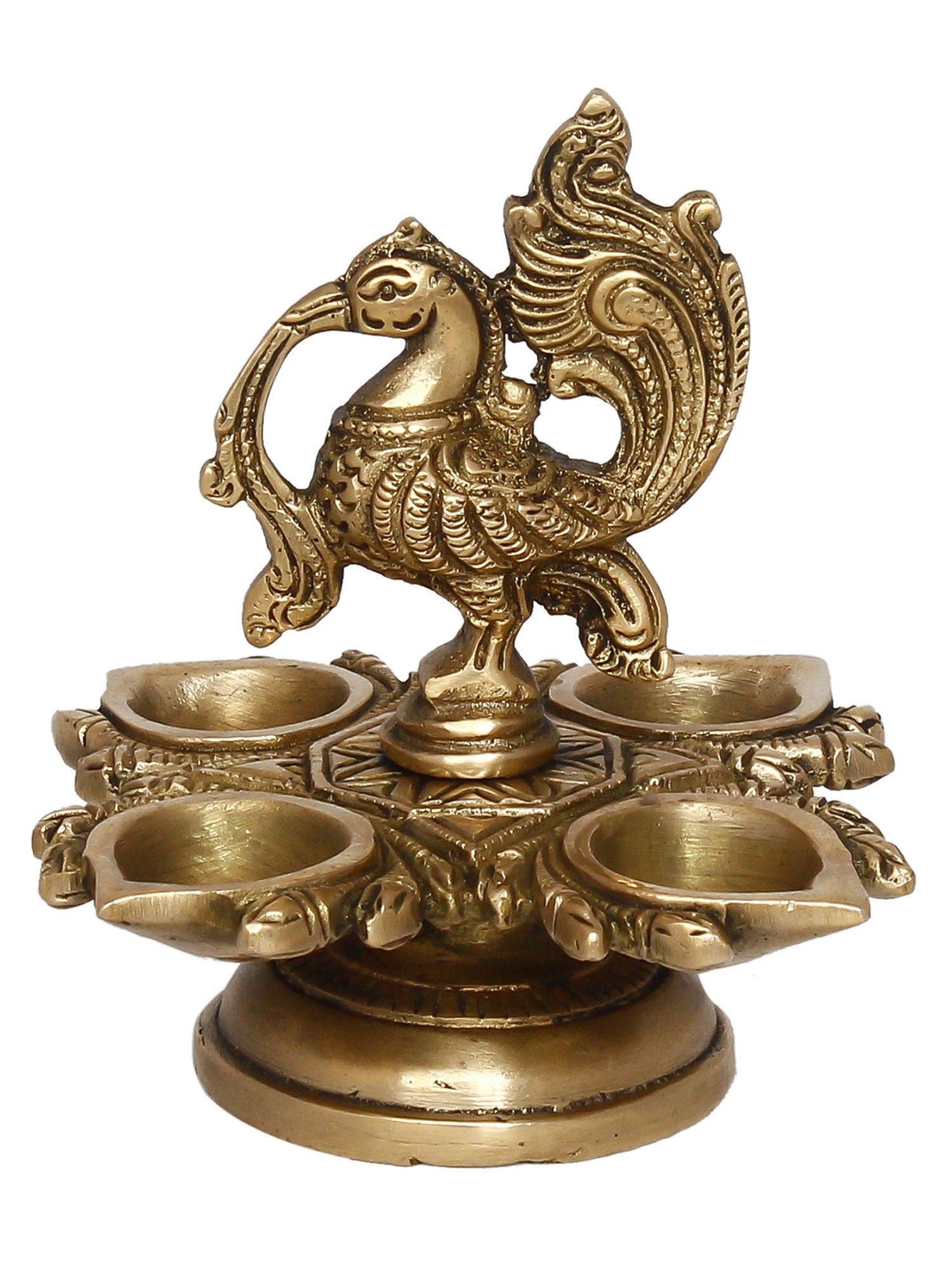 Golden Brass Decorative Handcrafted Peacock Showpiece with Diya for 4 Wicks 5