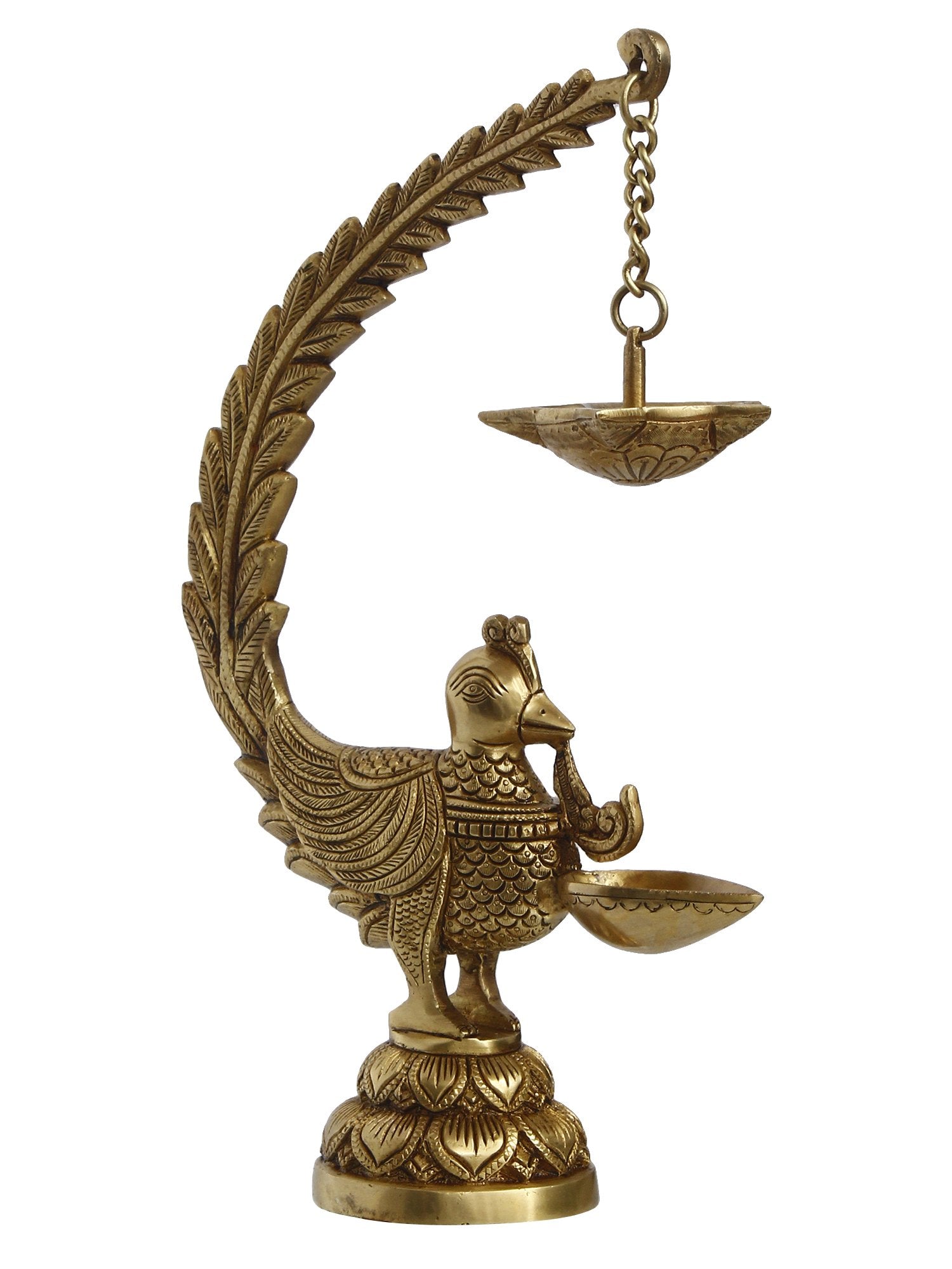 Golden Brass Decorative Handcrafted Peacock Showpiece with Diya for 6 Wicks 2