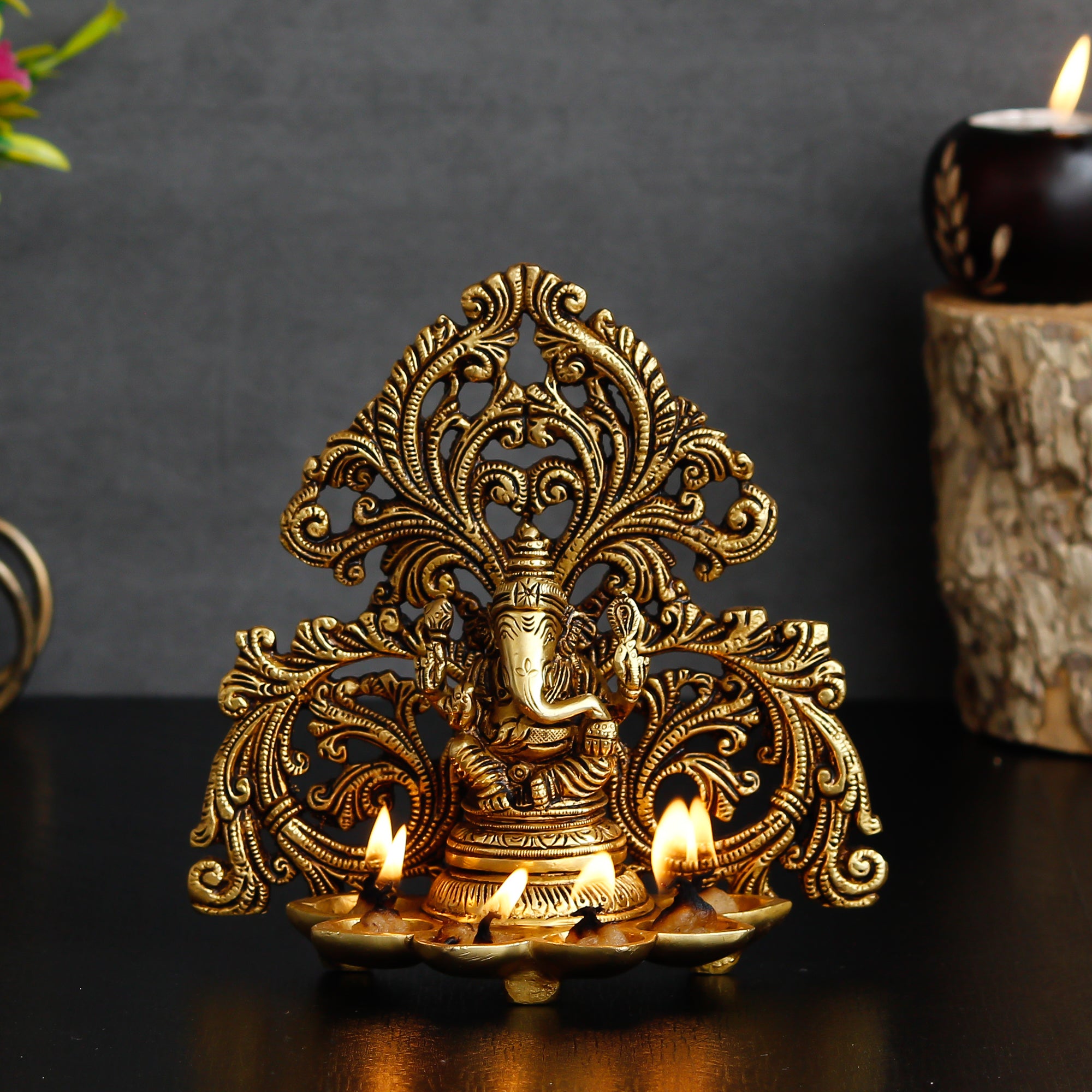Golden Brass Handcrafted Lord Ganesha Idol with Diya for 6 Wicks 1