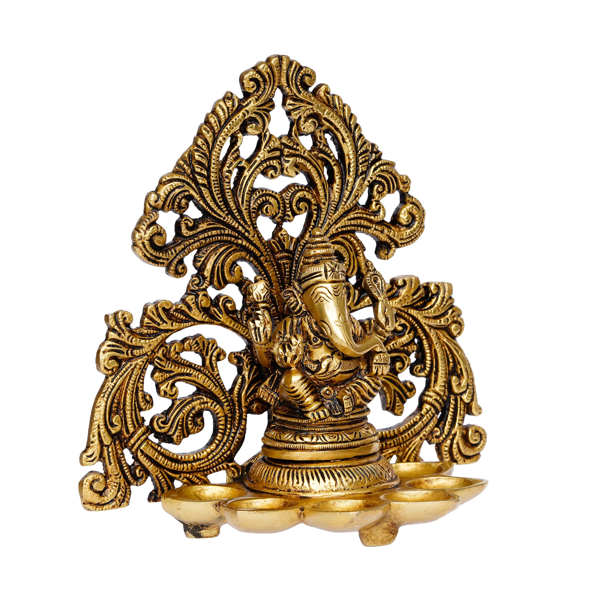 Golden Brass Handcrafted Lord Ganesha Idol with Diya for 6 Wicks 5