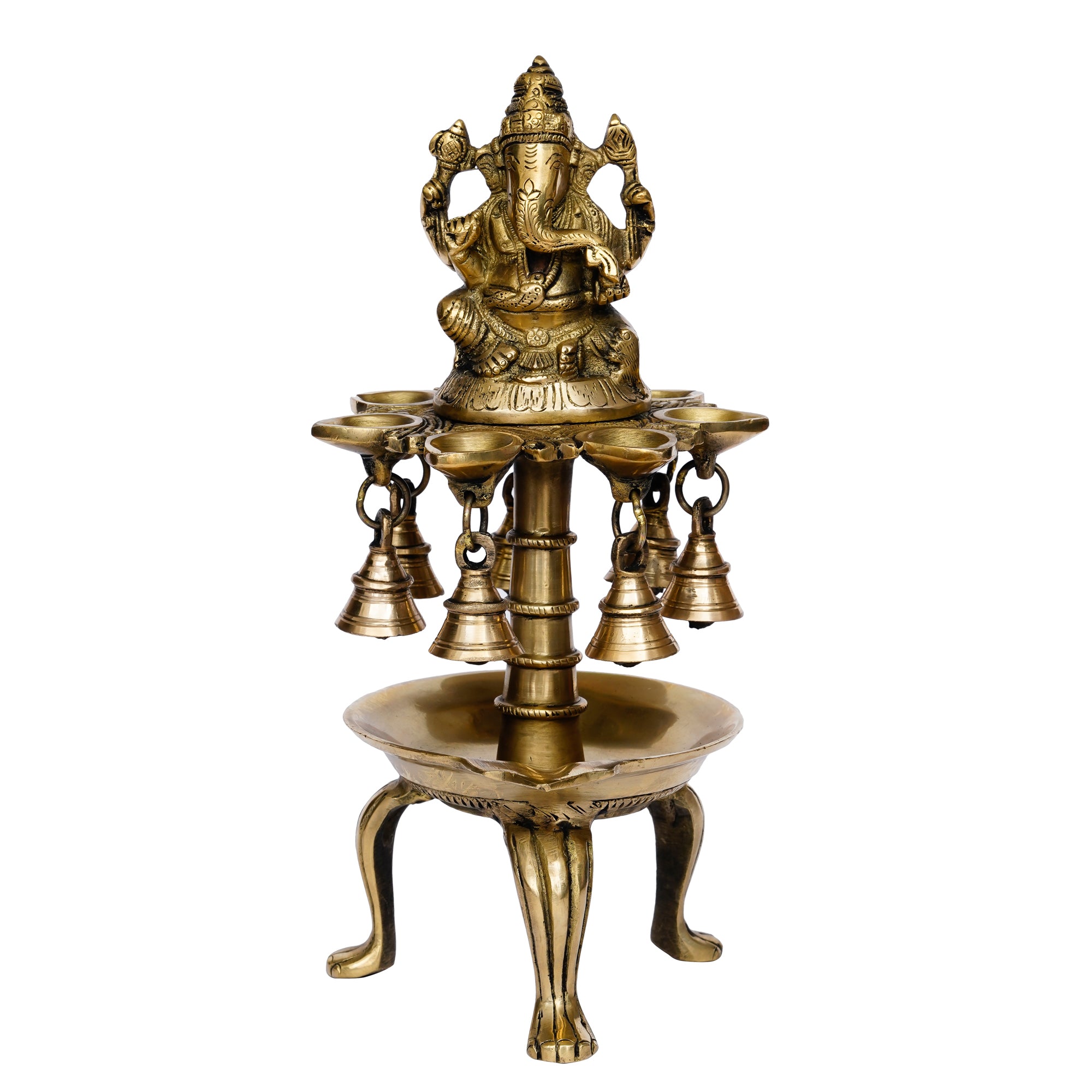 Golden Brass Handcrafted Lord Ganesha Idol with 8 Wicks Oil Diya and 7 Bells 2