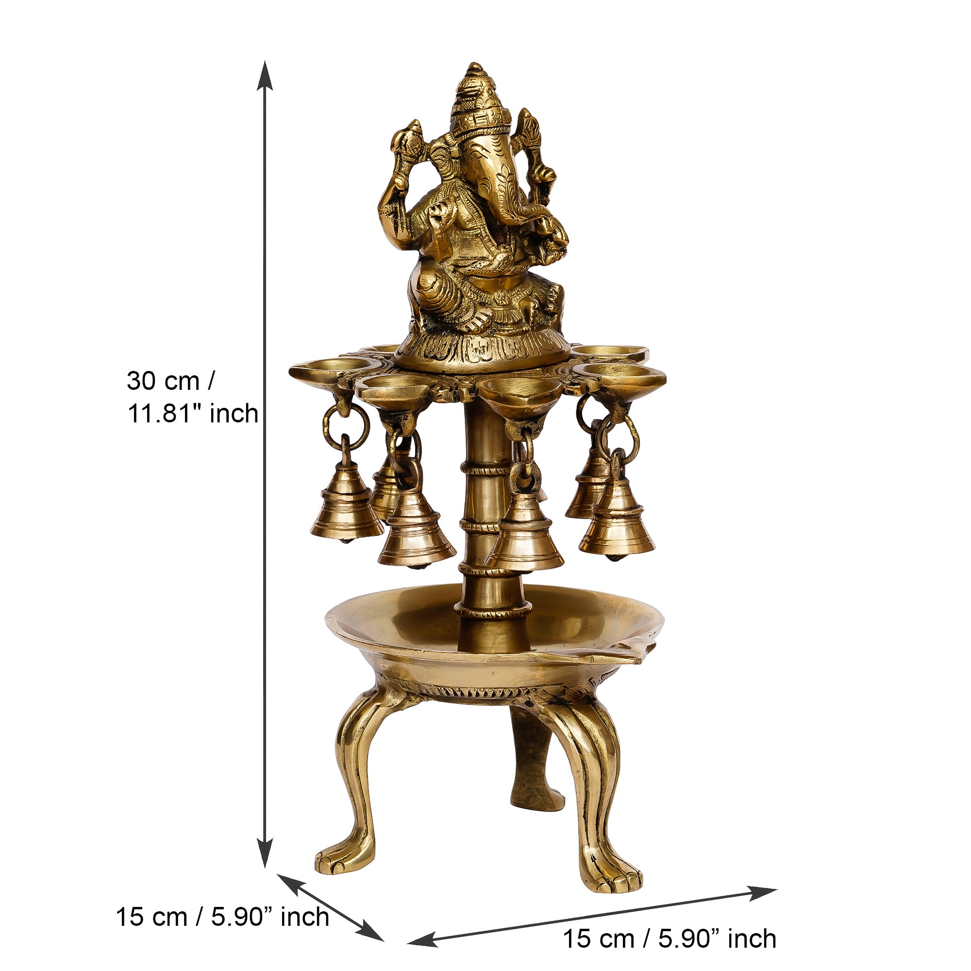 Golden Brass Handcrafted Lord Ganesha Idol with 8 Wicks Oil Diya and 7 Bells 3