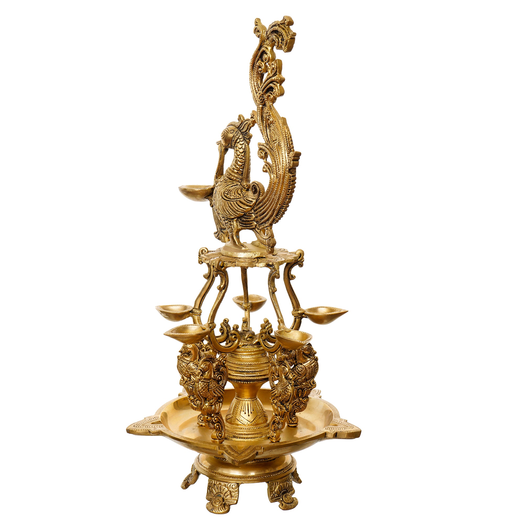 Golden Antique Finish Decorative Handcrafted Brass Peacock Showpiece with Brass Diyas for 11 Wicks and Stand 2