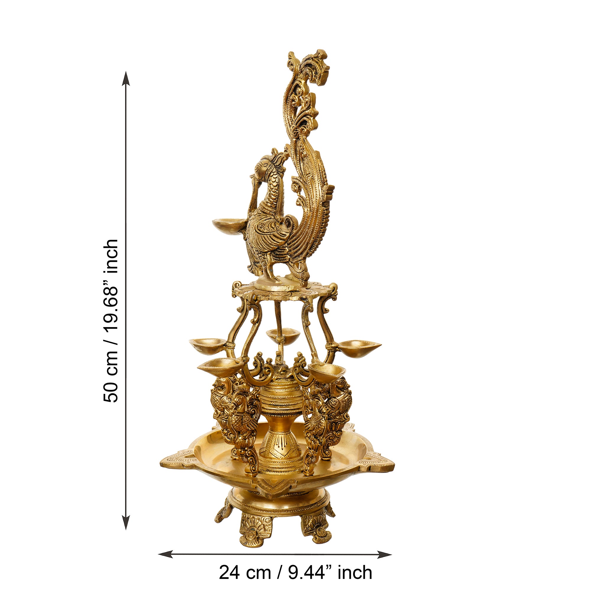 Golden Antique Finish Decorative Handcrafted Brass Peacock Showpiece with Brass Diyas for 11 Wicks and Stand 3