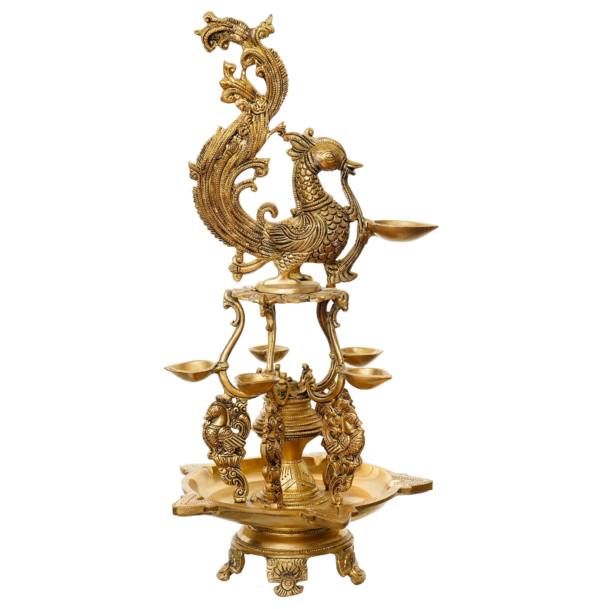 Golden Antique Finish Decorative Handcrafted Brass Peacock Showpiece with Brass Diyas for 11 Wicks and Stand 4