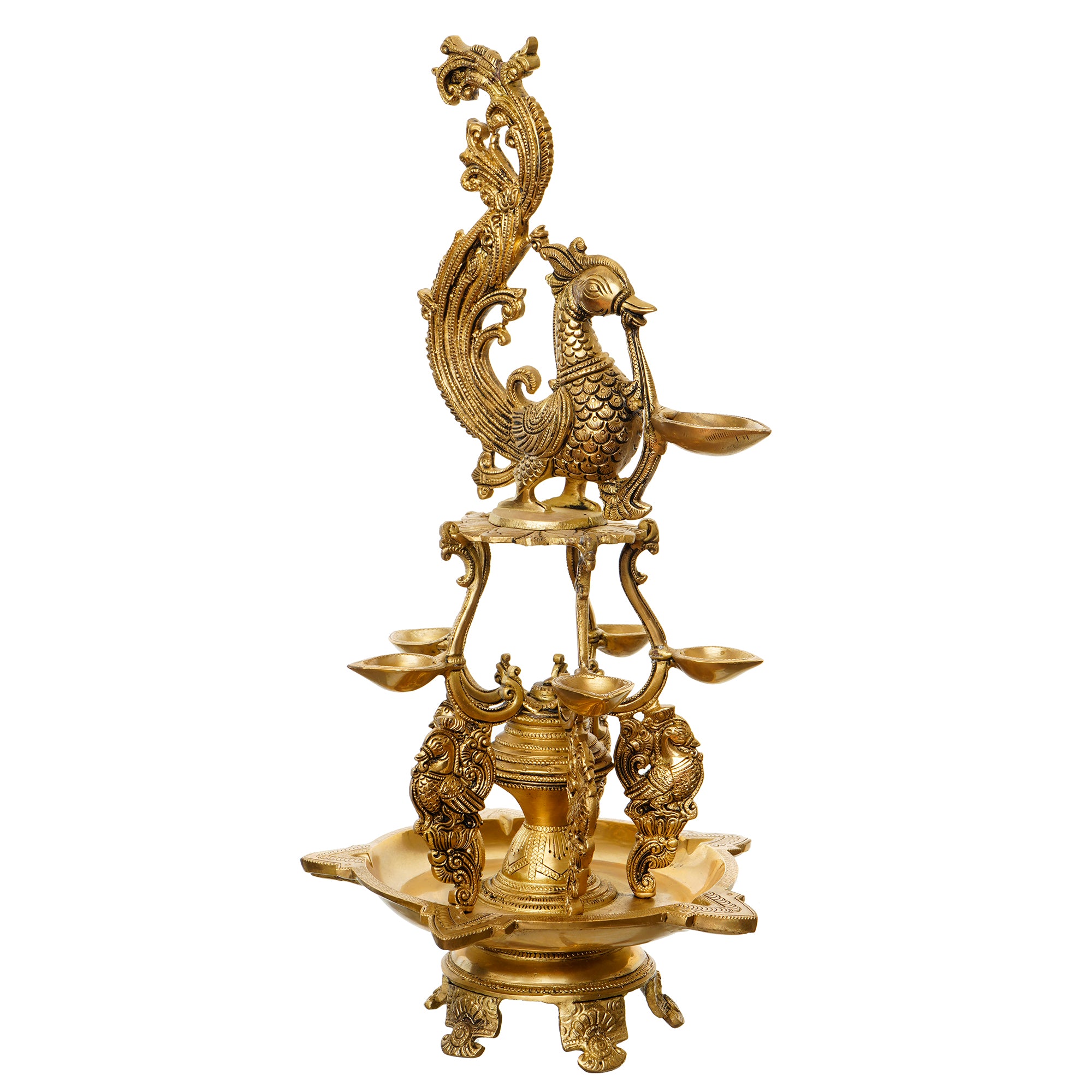 Golden Antique Finish Decorative Handcrafted Brass Peacock Showpiece with Brass Diyas for 11 Wicks and Stand 5