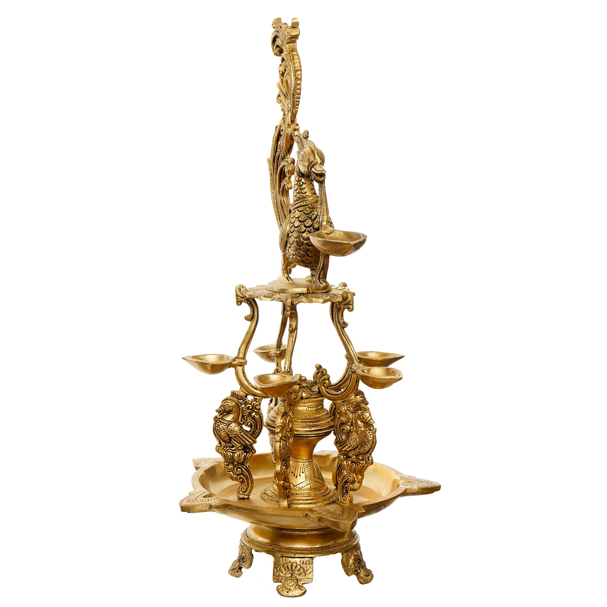 Golden Antique Finish Decorative Handcrafted Brass Peacock Showpiece with Brass Diyas for 11 Wicks and Stand 6