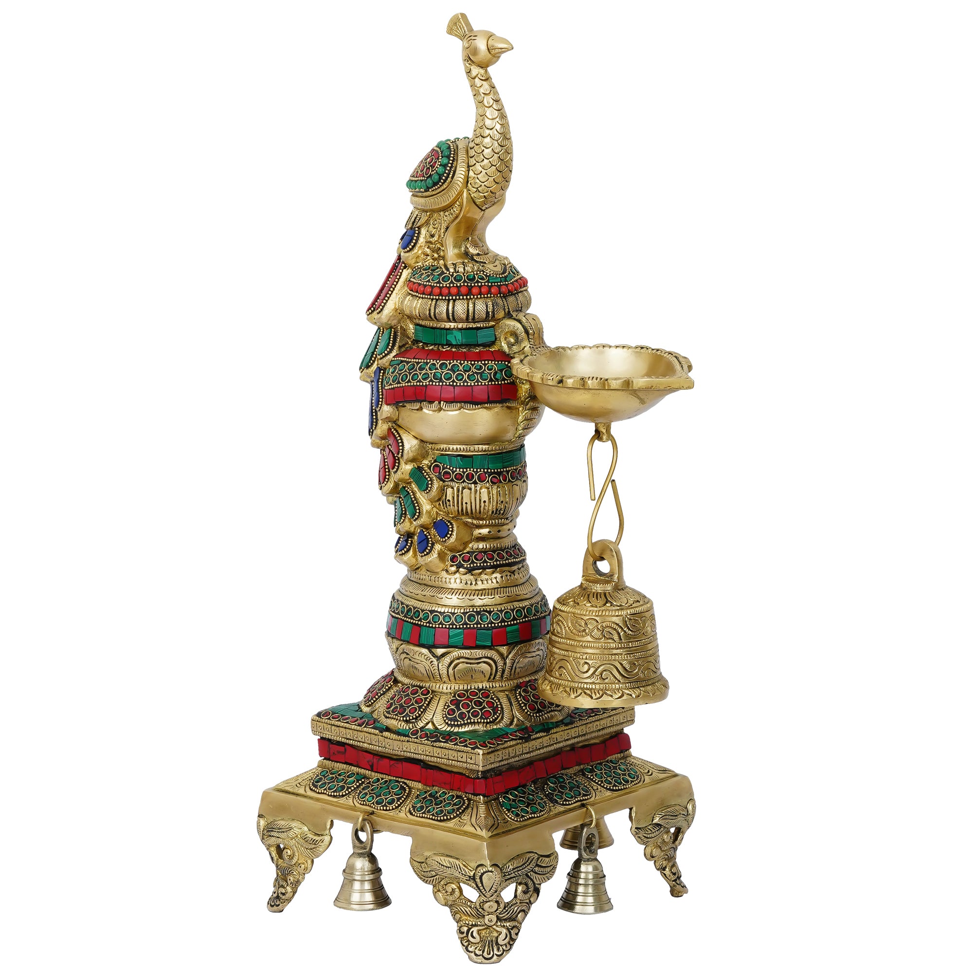 Handcrafted Stone Work Colorful Peacock Statue Stand Brass Diya with Bell 2