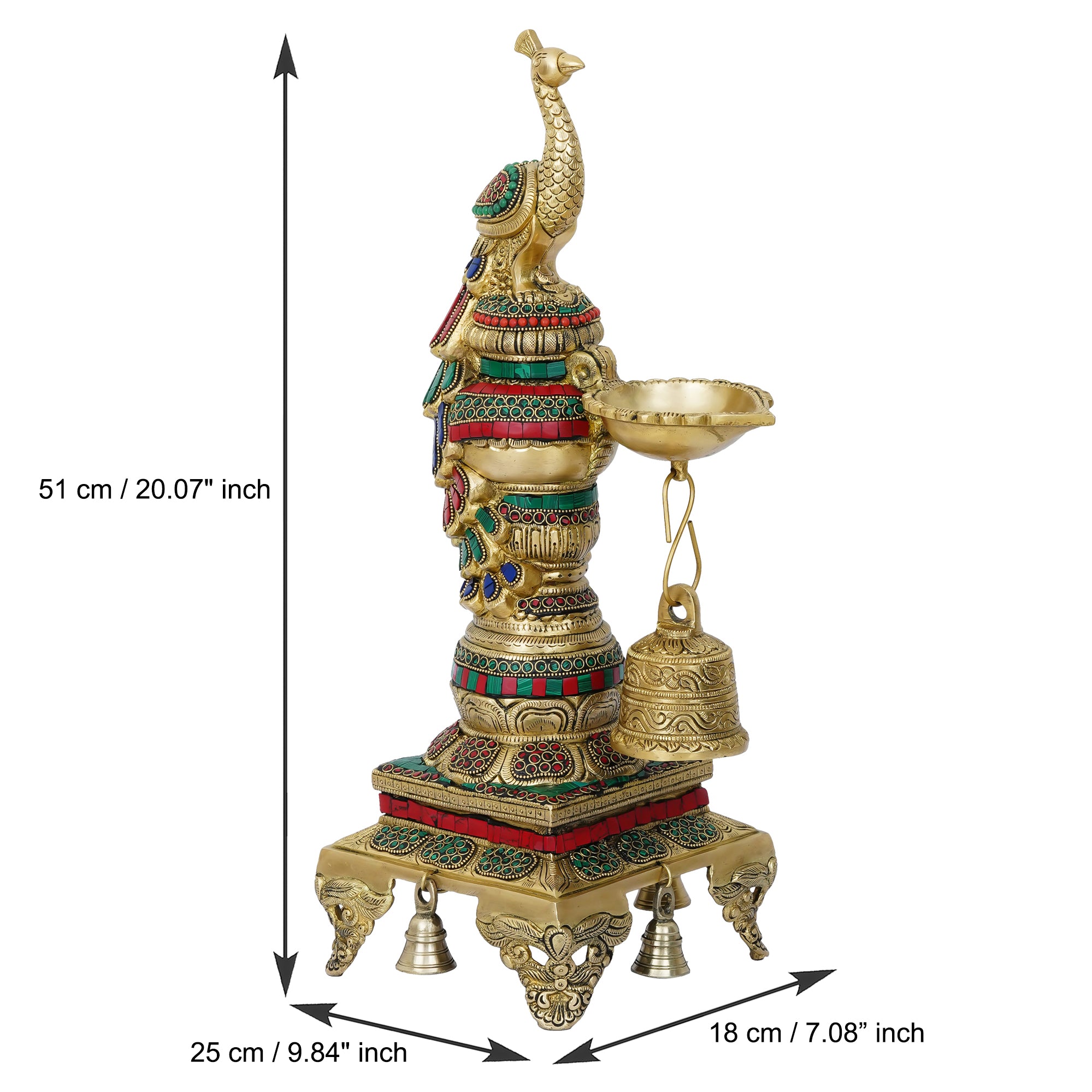 Handcrafted Stone Work Colorful Peacock Statue Stand Brass Diya with Bell 3