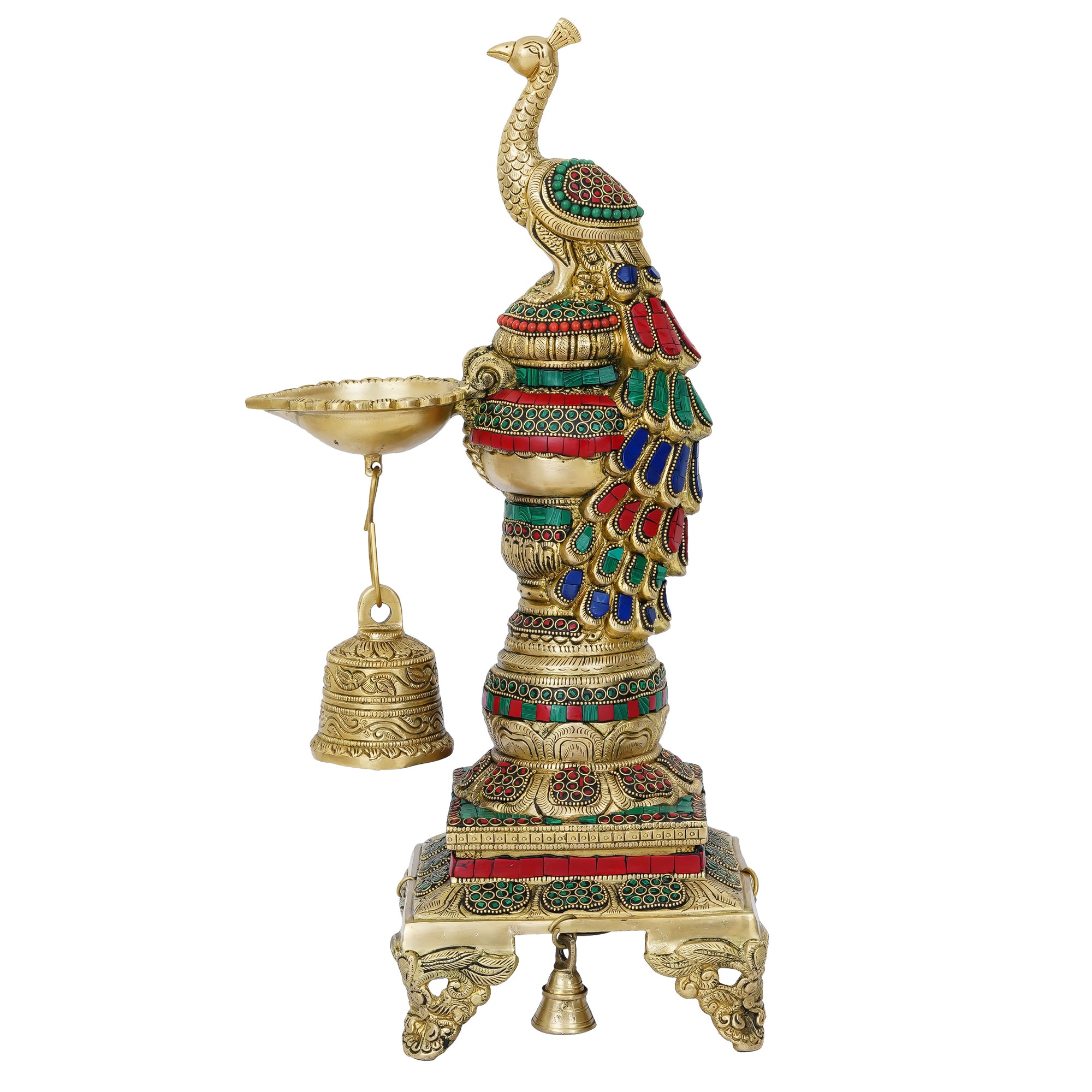 Handcrafted Stone Work Colorful Peacock Statue Stand Brass Diya with Bell 4