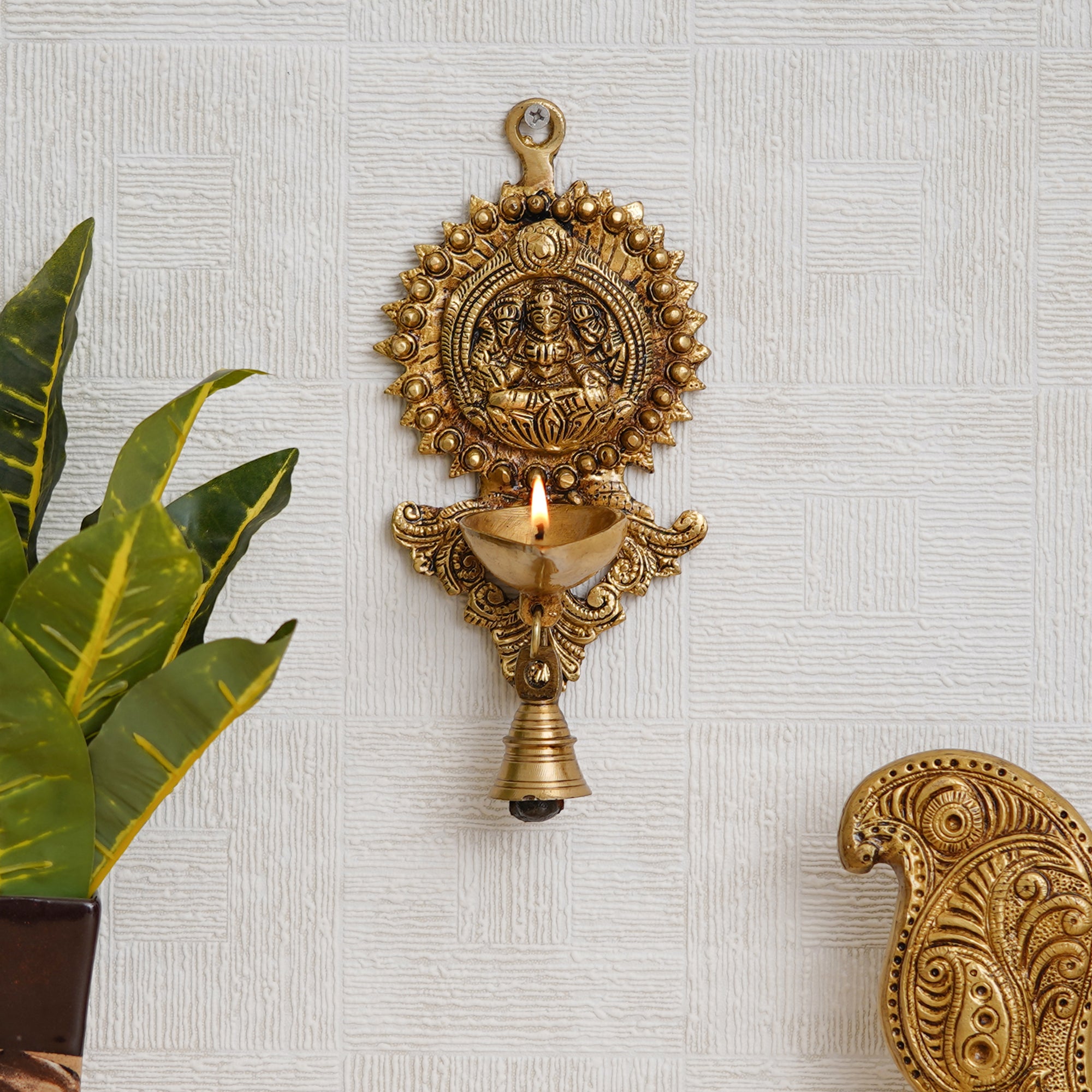 Golden Decorative Handcrafted Brass Wall Hanging Diya with Bell 7