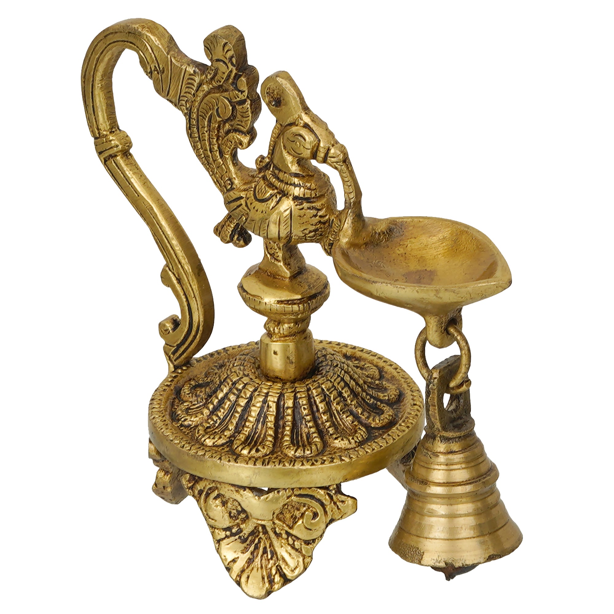 Golden Decorative Handcrafted Peacock Brass Showpiece with Diya Stand with Bell 2