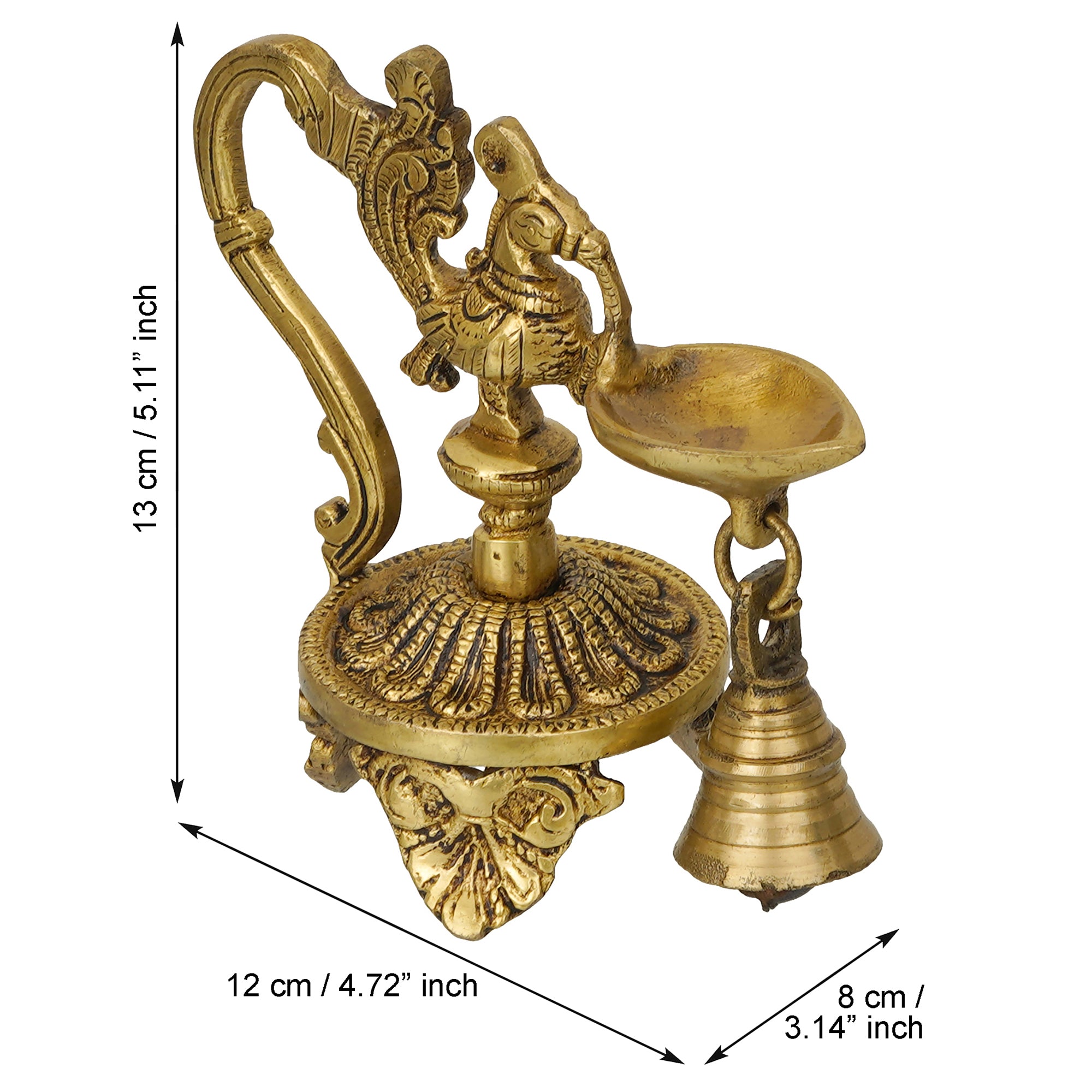 Golden Decorative Handcrafted Peacock Brass Showpiece with Diya Stand with Bell 3