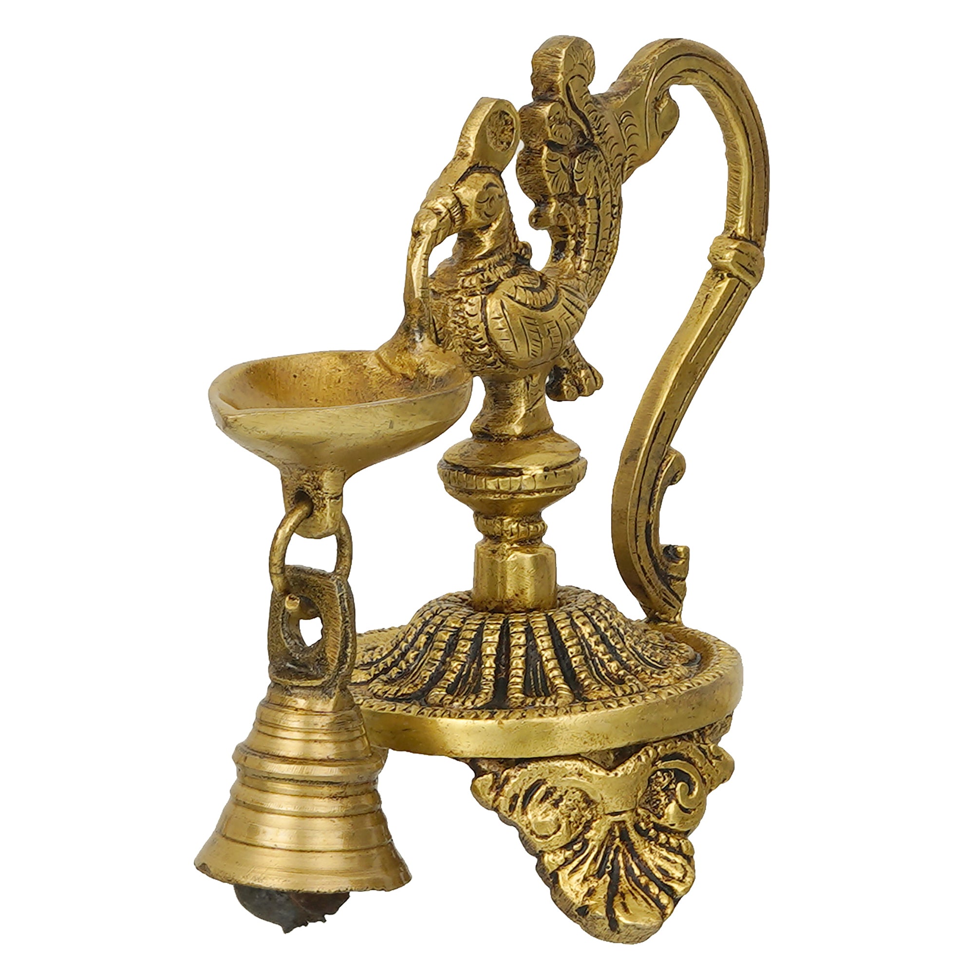 Golden Decorative Handcrafted Peacock Brass Showpiece with Diya Stand with Bell 4