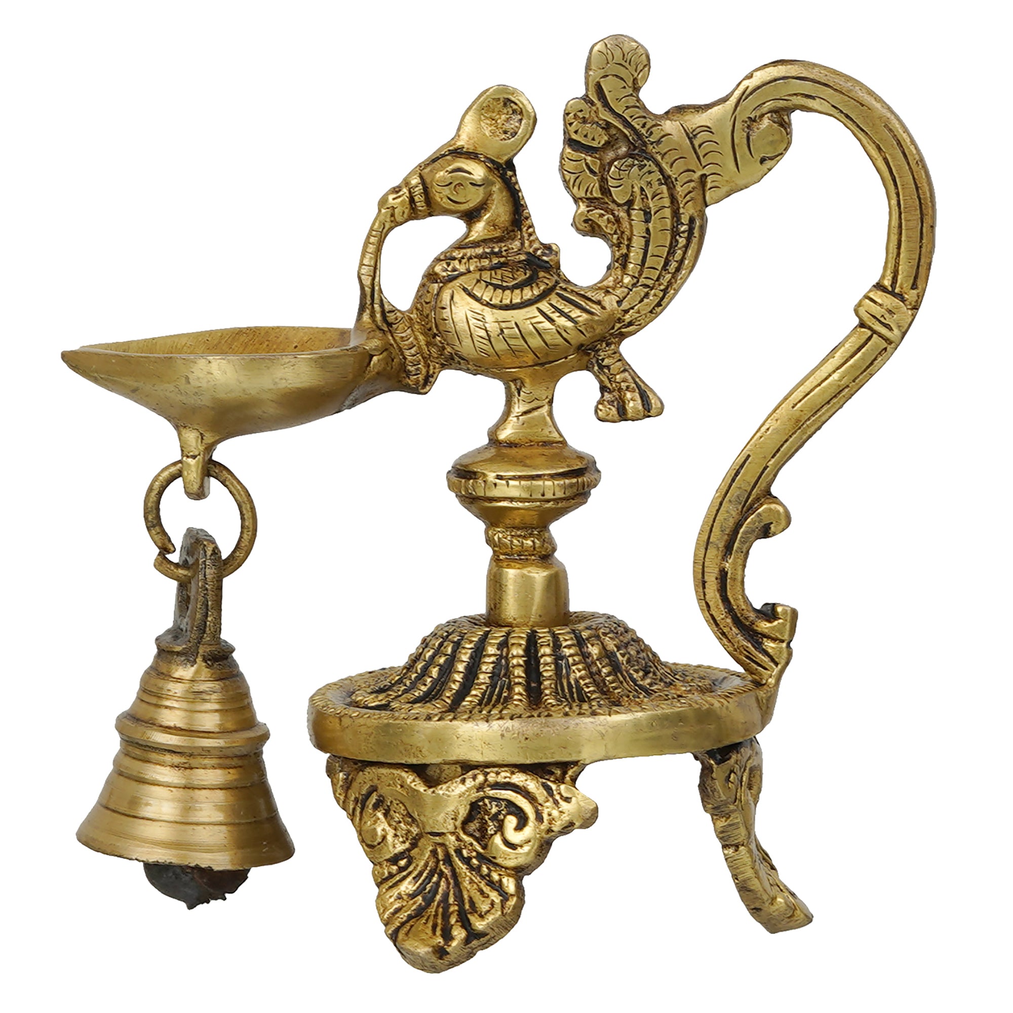 Golden Decorative Handcrafted Peacock Brass Showpiece with Diya Stand with Bell 6