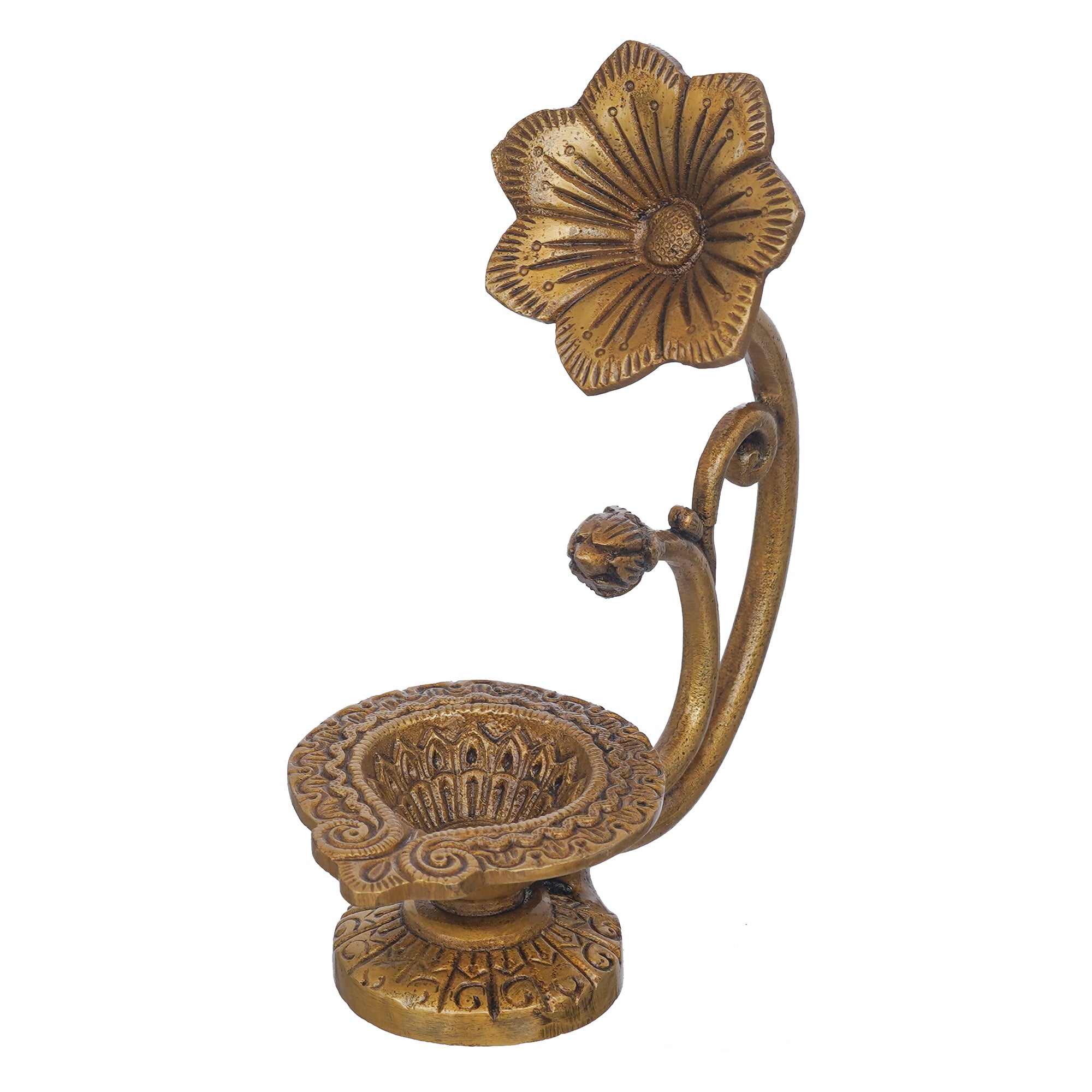eCraftIndia Golden Decorative Brass Diya with Flower Handle 2