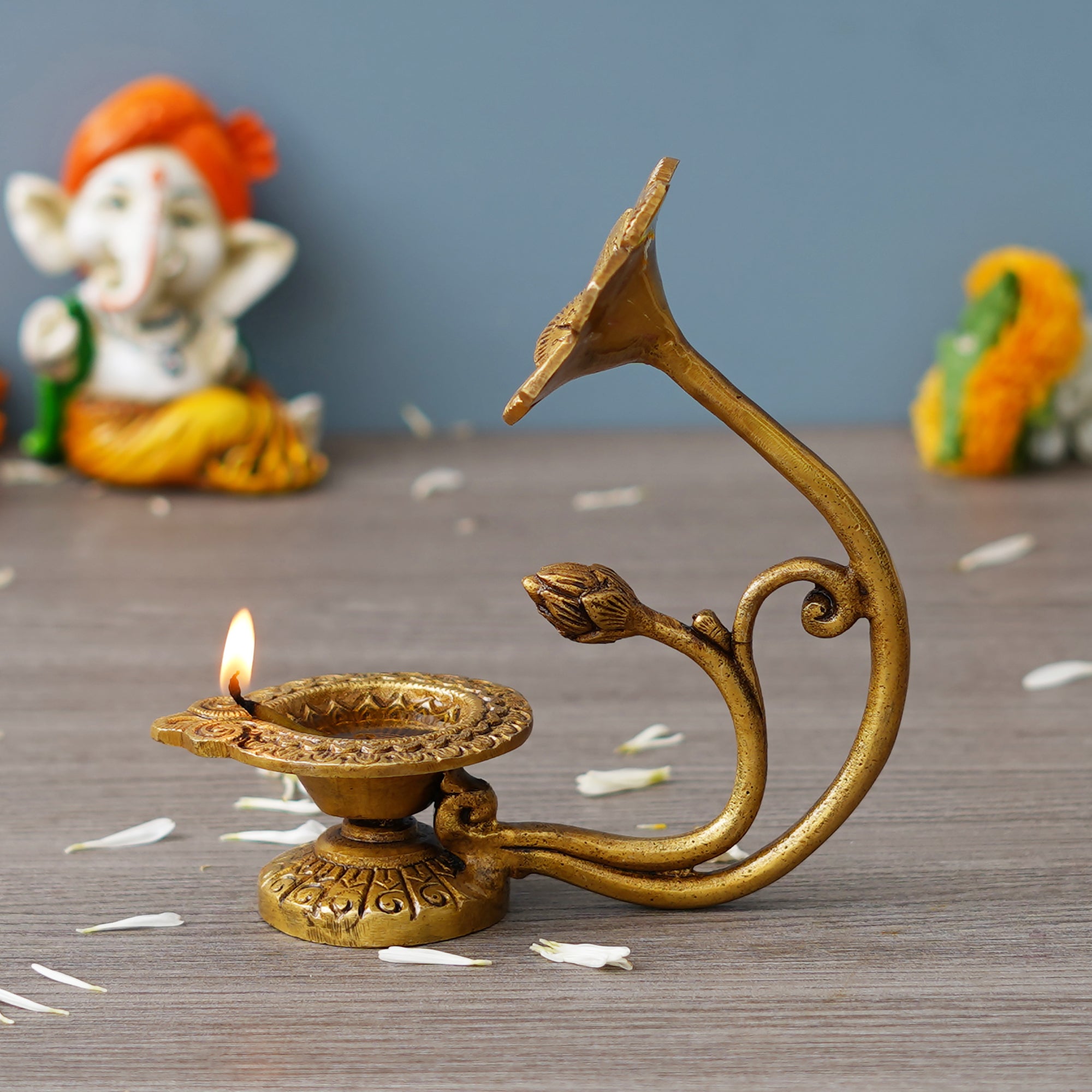 eCraftIndia Golden Decorative Brass Diya with Flower Handle 4