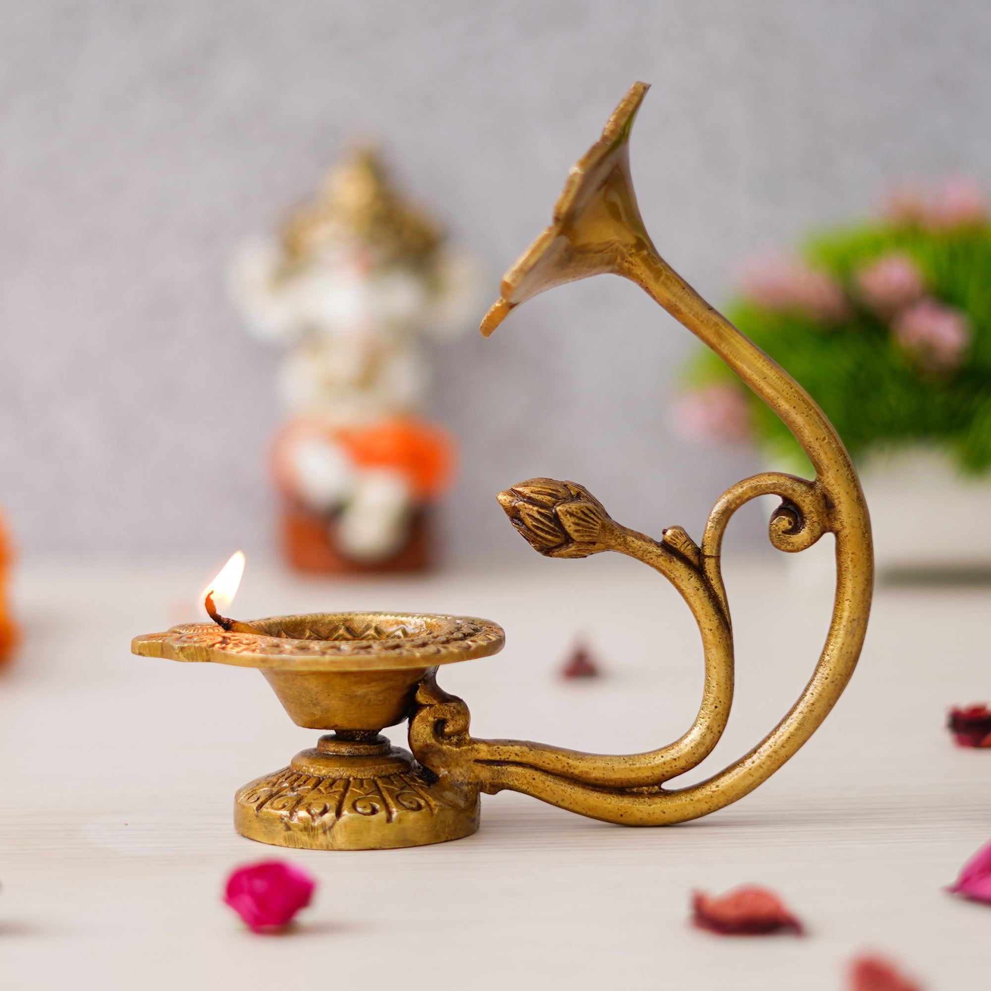 eCraftIndia Golden Decorative Brass Diya with Flower Handle 5