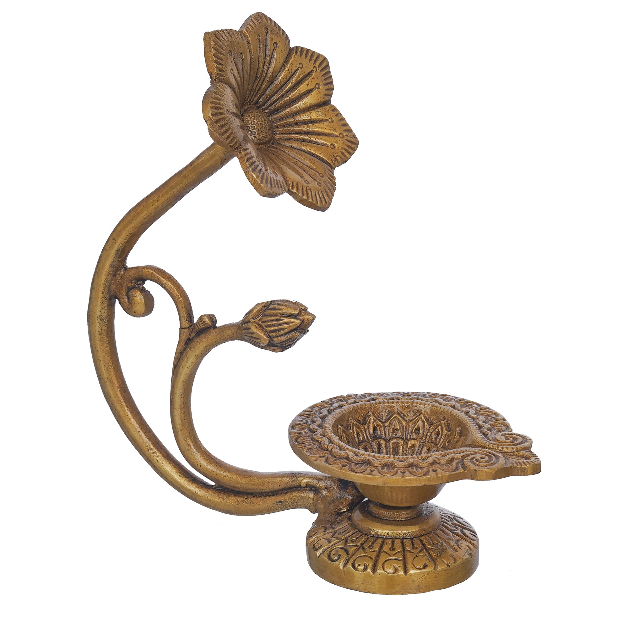 eCraftIndia Golden Decorative Brass Diya with Flower Handle 6