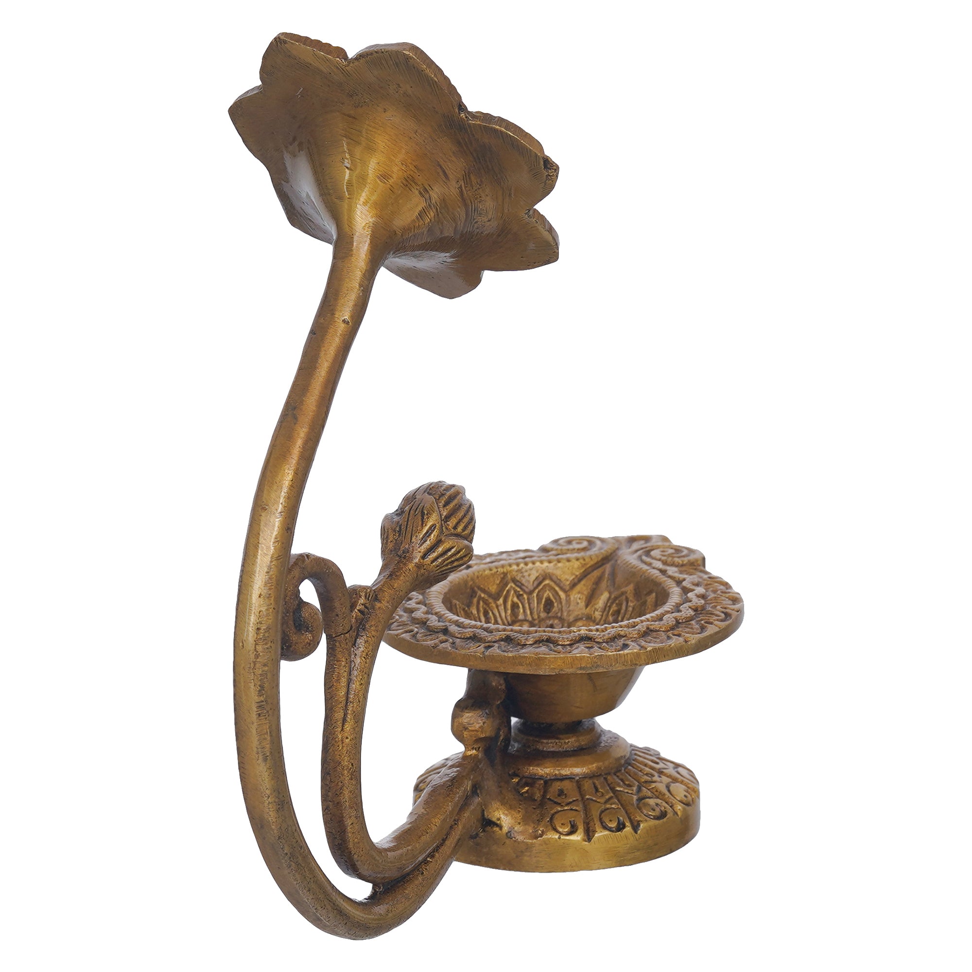 eCraftIndia Golden Decorative Brass Diya with Flower Handle 7