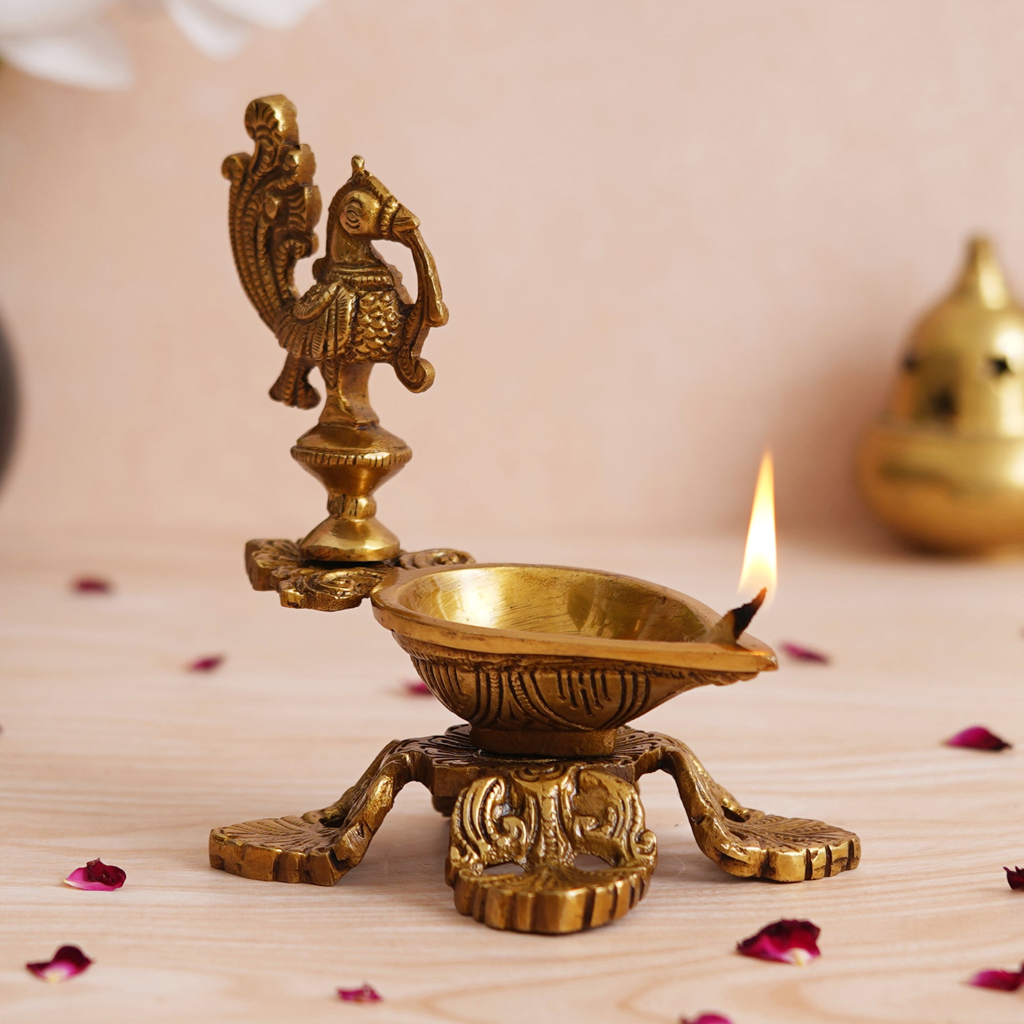 eCraftIndia Ethnic Peacock Design Brass Diya Deepak Lamp