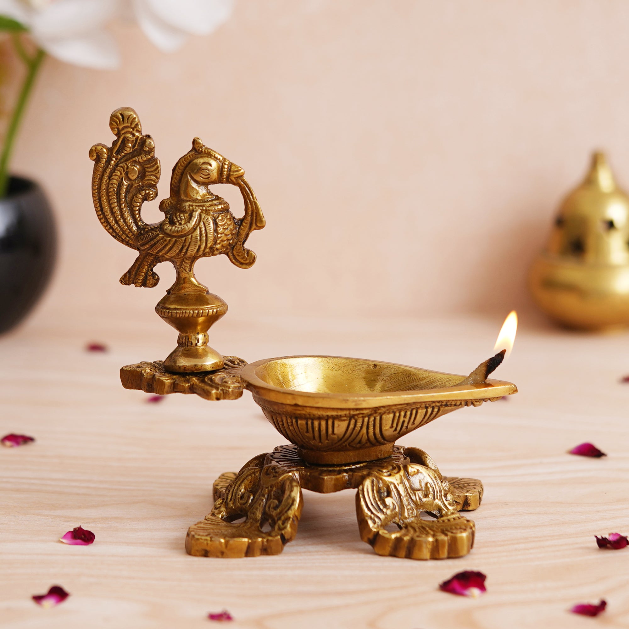 eCraftIndia Ethnic Peacock Design Brass Diya Deepak Lamp 1