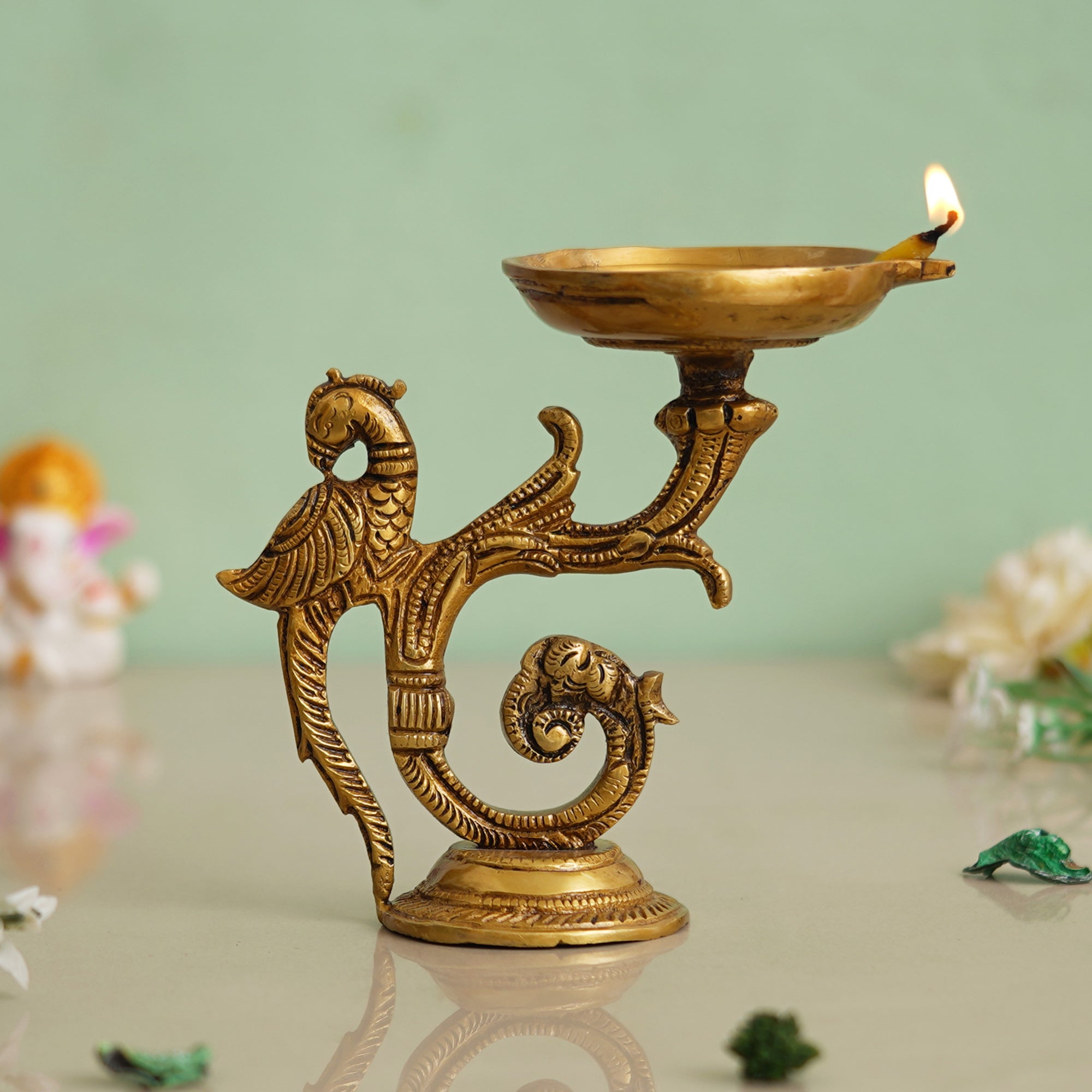 eCraftIndia Golden Beautifully Handcrafted Peacock Design Brass Diya Deepak
