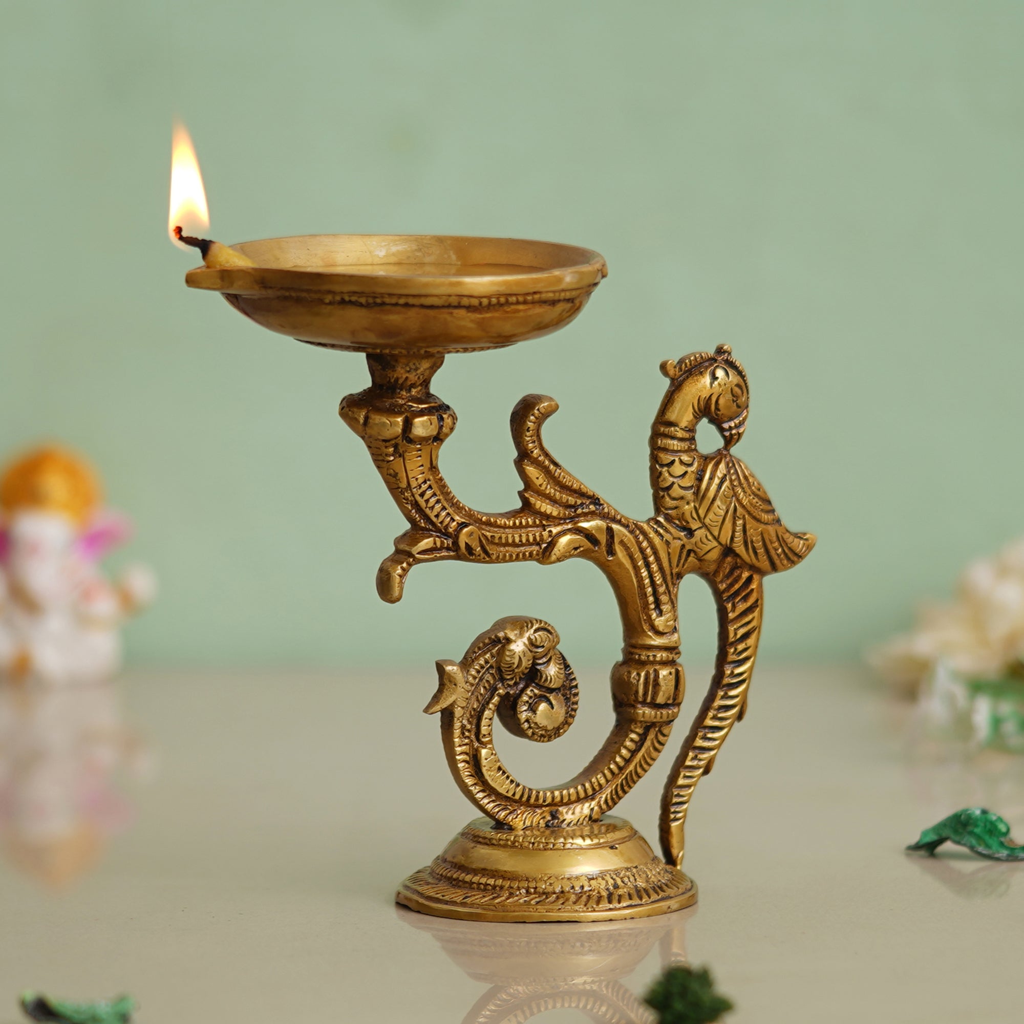 eCraftIndia Golden Beautifully Handcrafted Peacock Design Brass Diya Deepak 1
