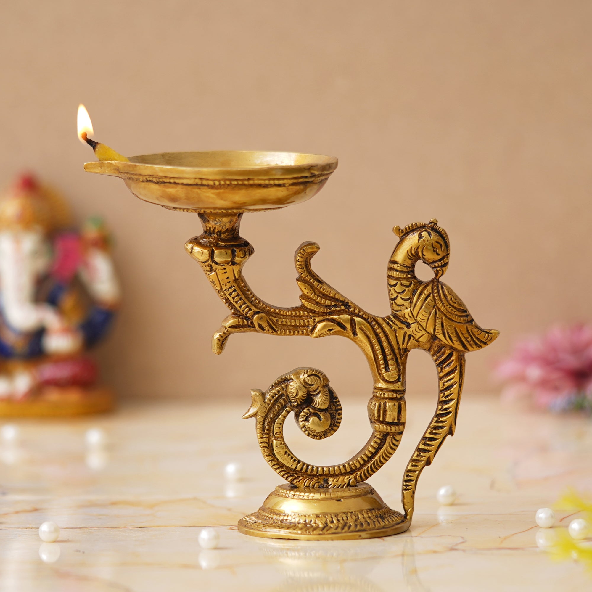 eCraftIndia Golden Beautifully Handcrafted Peacock Design Brass Diya Deepak 4