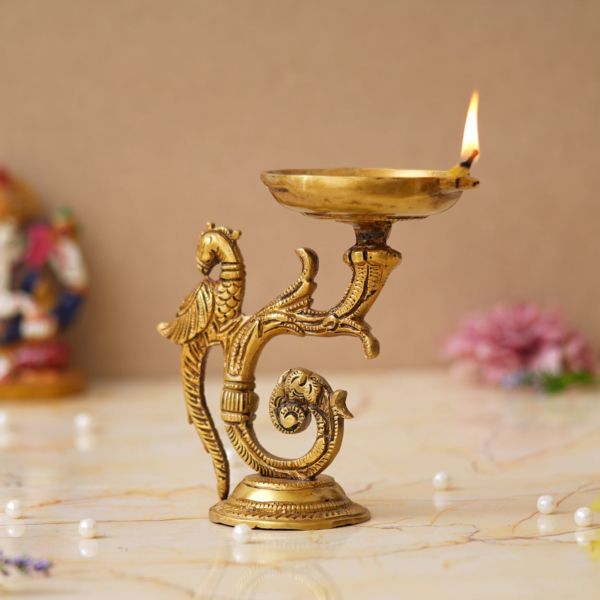 eCraftIndia Golden Beautifully Handcrafted Peacock Design Brass Diya Deepak 5